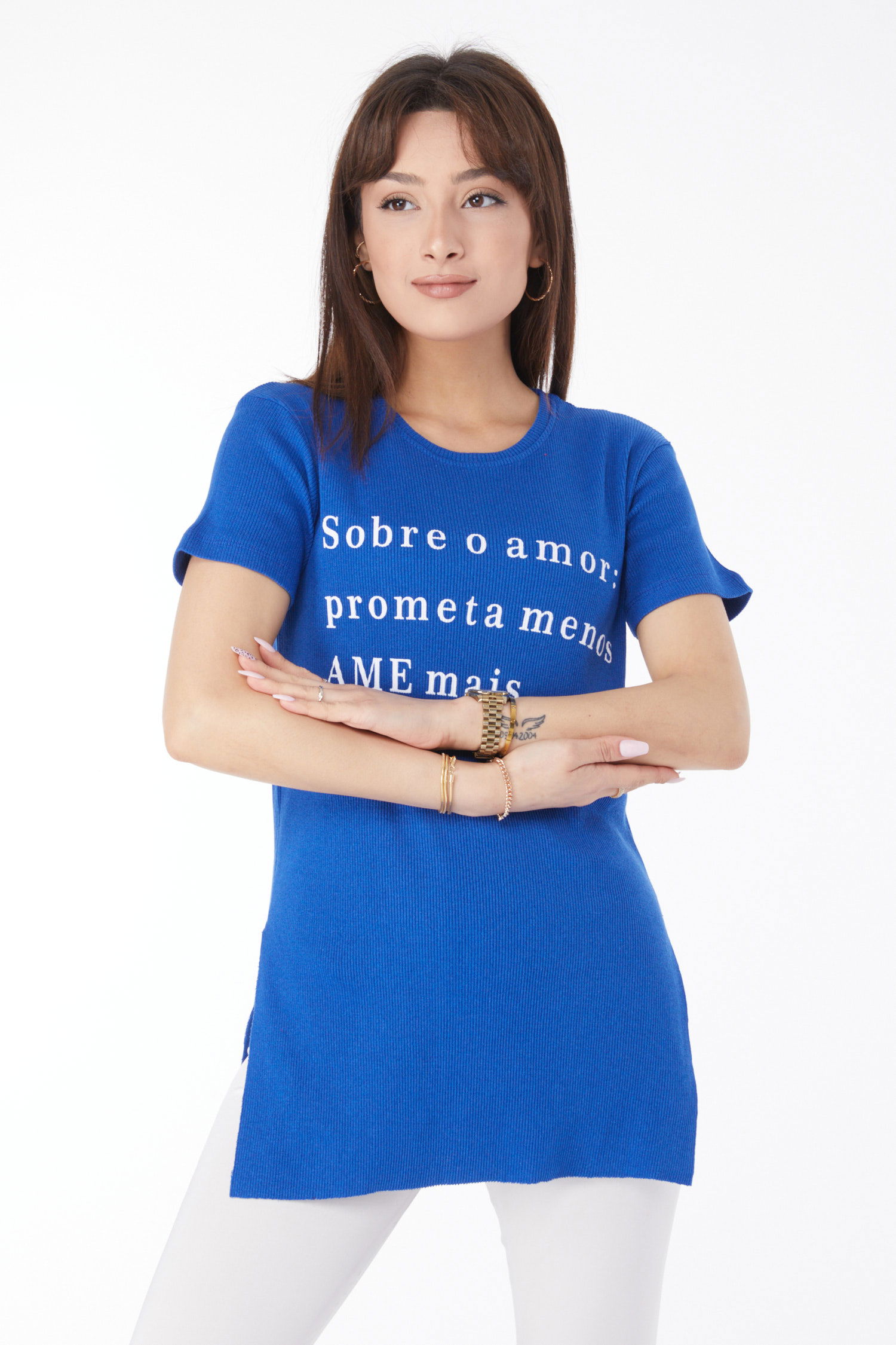 Baskılı Yırtmaçlı T-shirt Saks - 24792 - 3