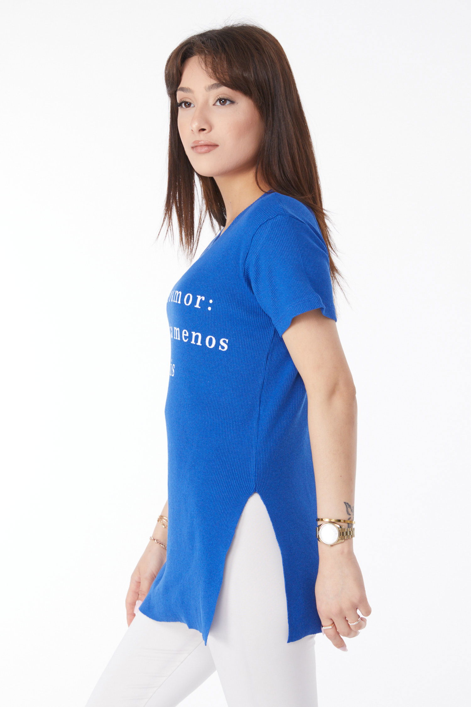 Baskılı Yırtmaçlı T-shirt Saks - 24792 - 4