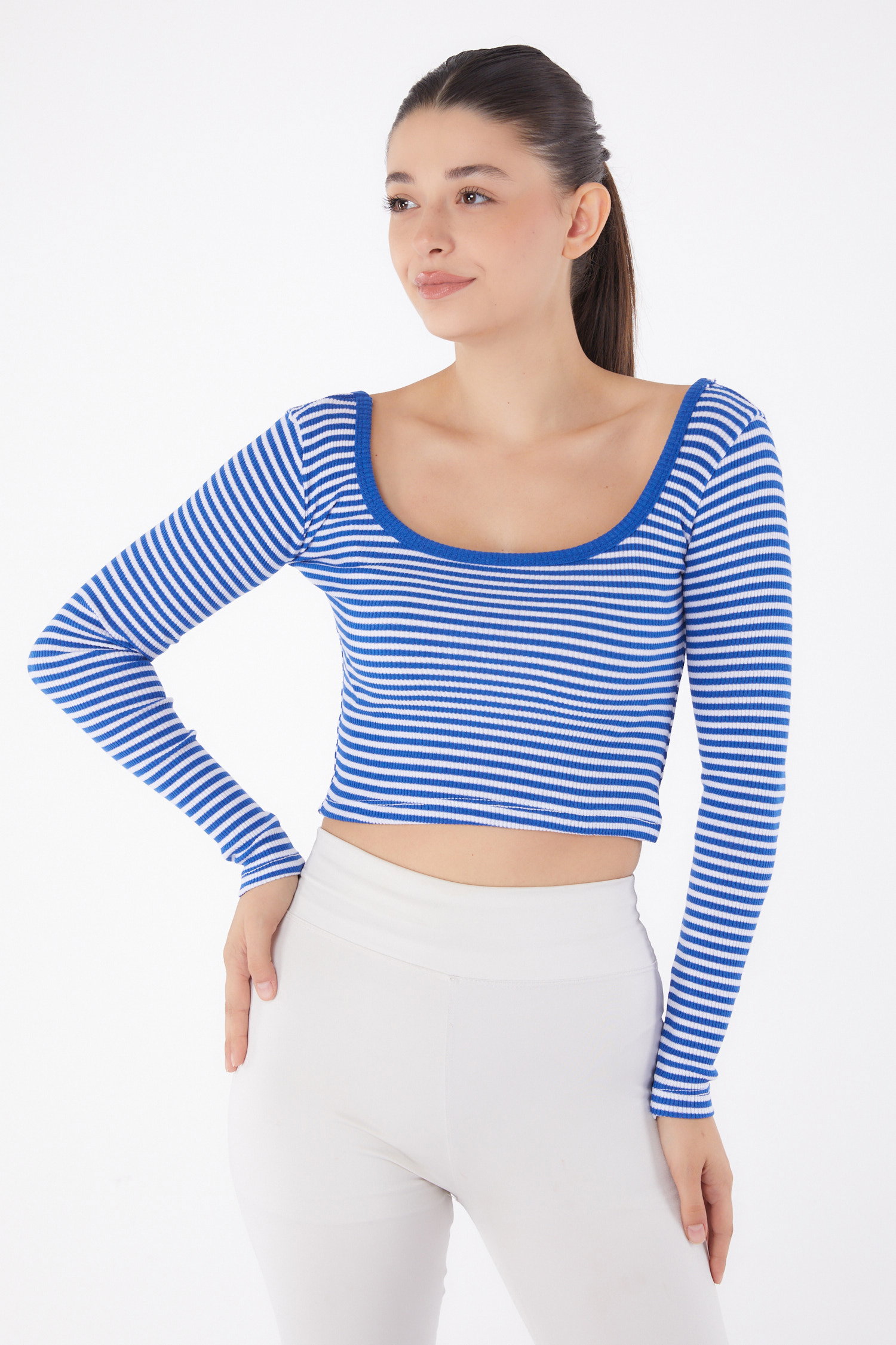 Düz Orta Kadın Saks Çizgili Crop - 26119 - 2