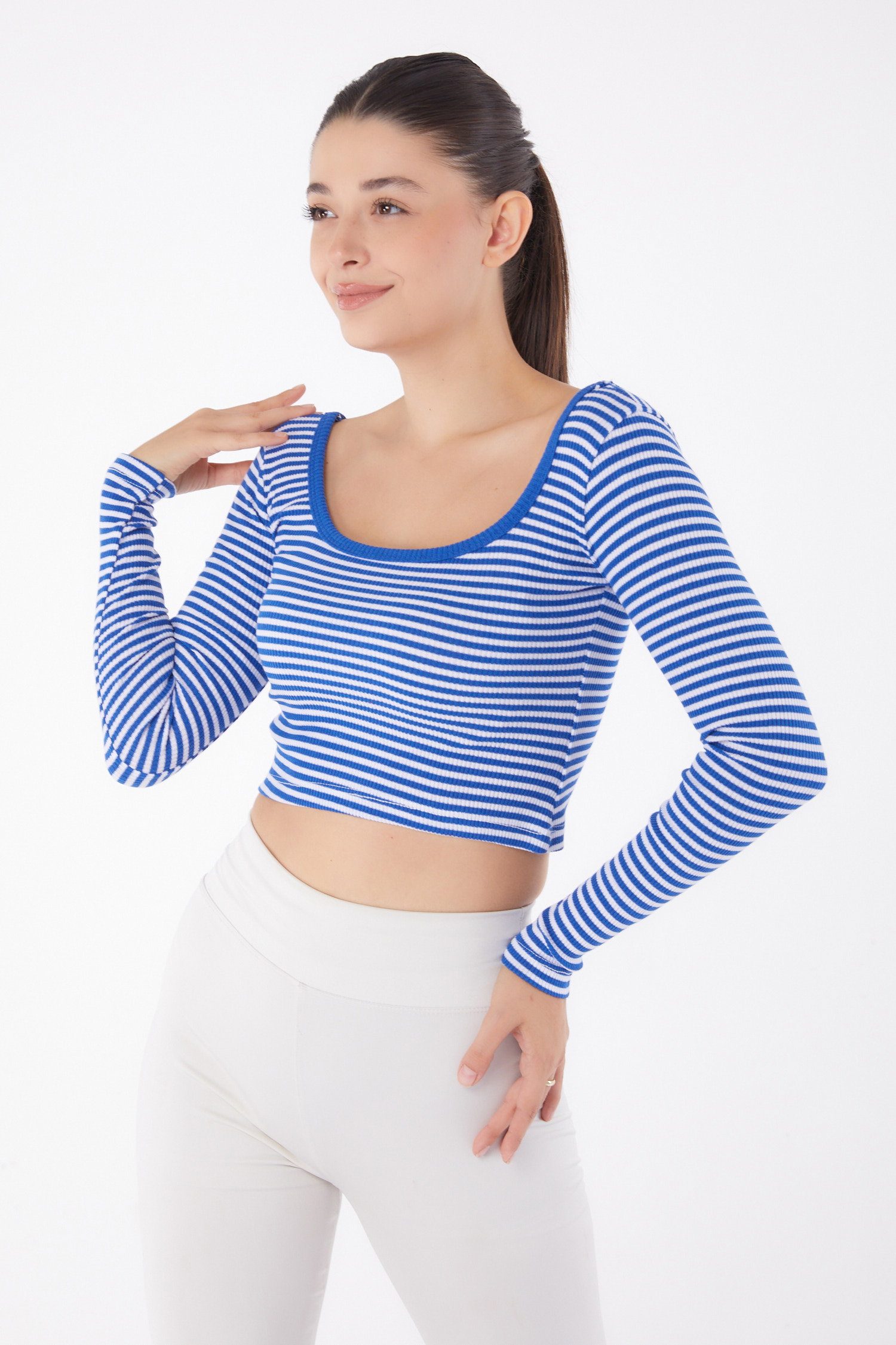 Düz Orta Kadın Saks Çizgili Crop - 26119 - 3