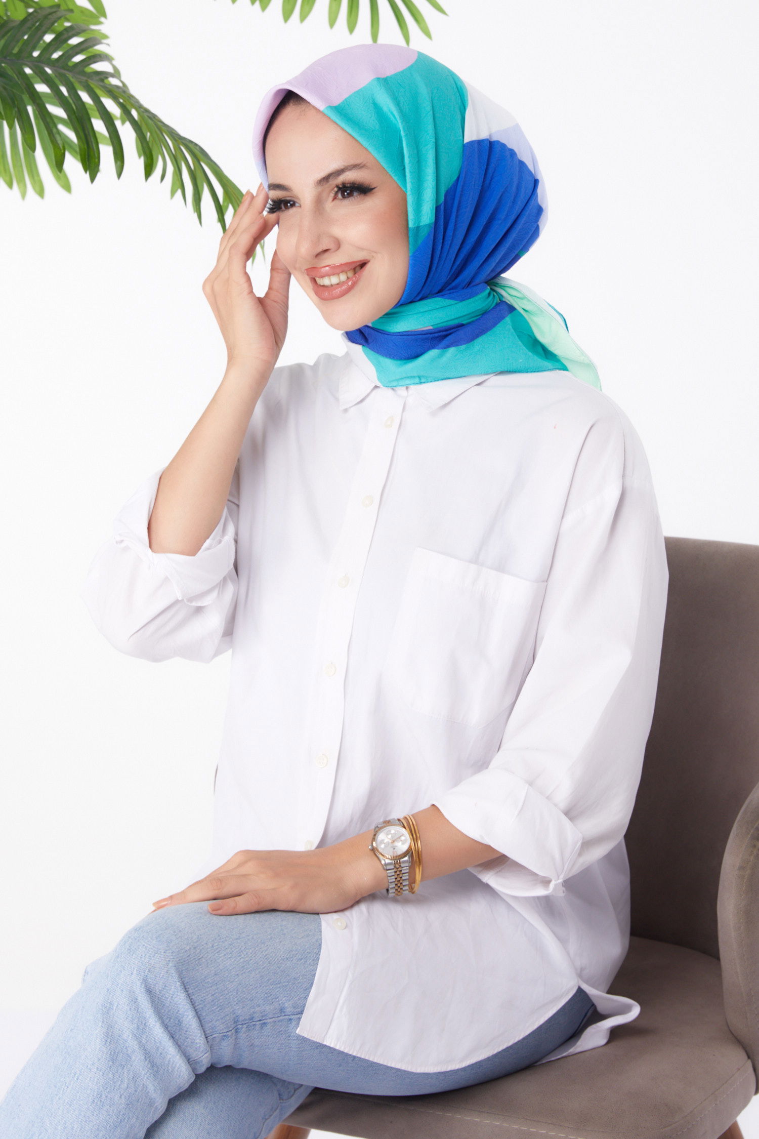 Desenli Eşarp Saks - 26148 - 2