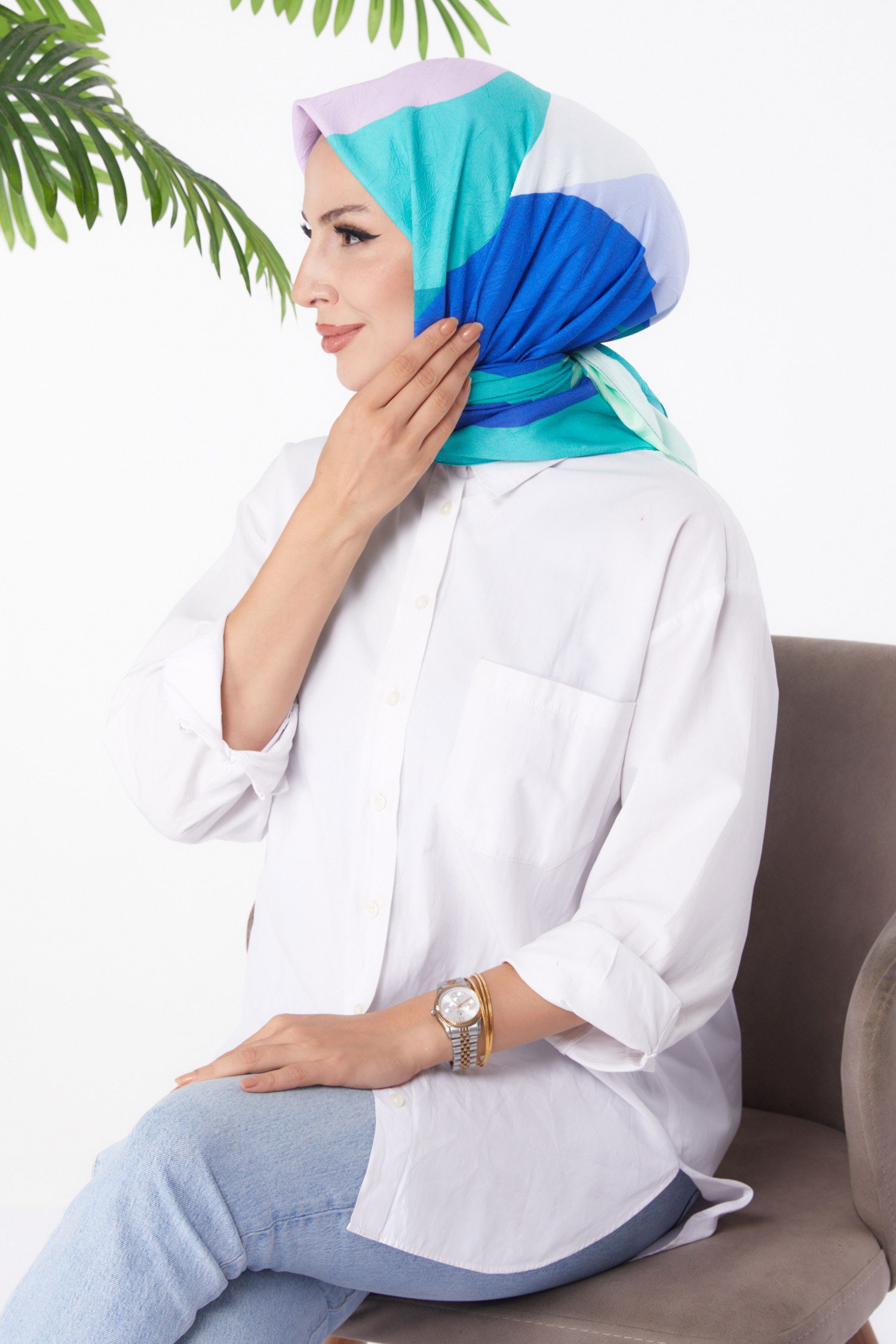 Desenli Eşarp Saks - 26148 - 3