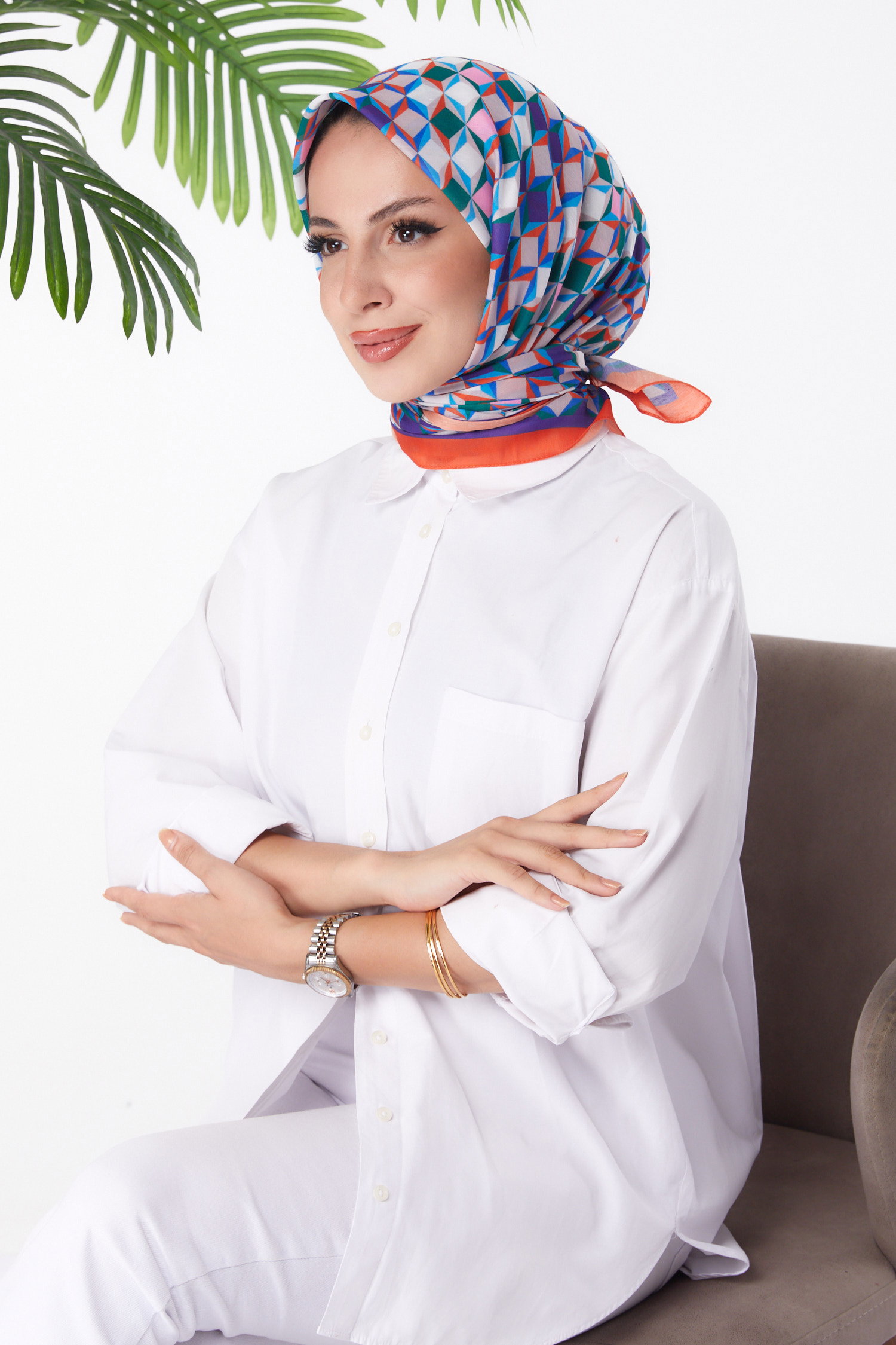 Düz Orta Kadın Saks Desenli Eşarp - 26157 - 1