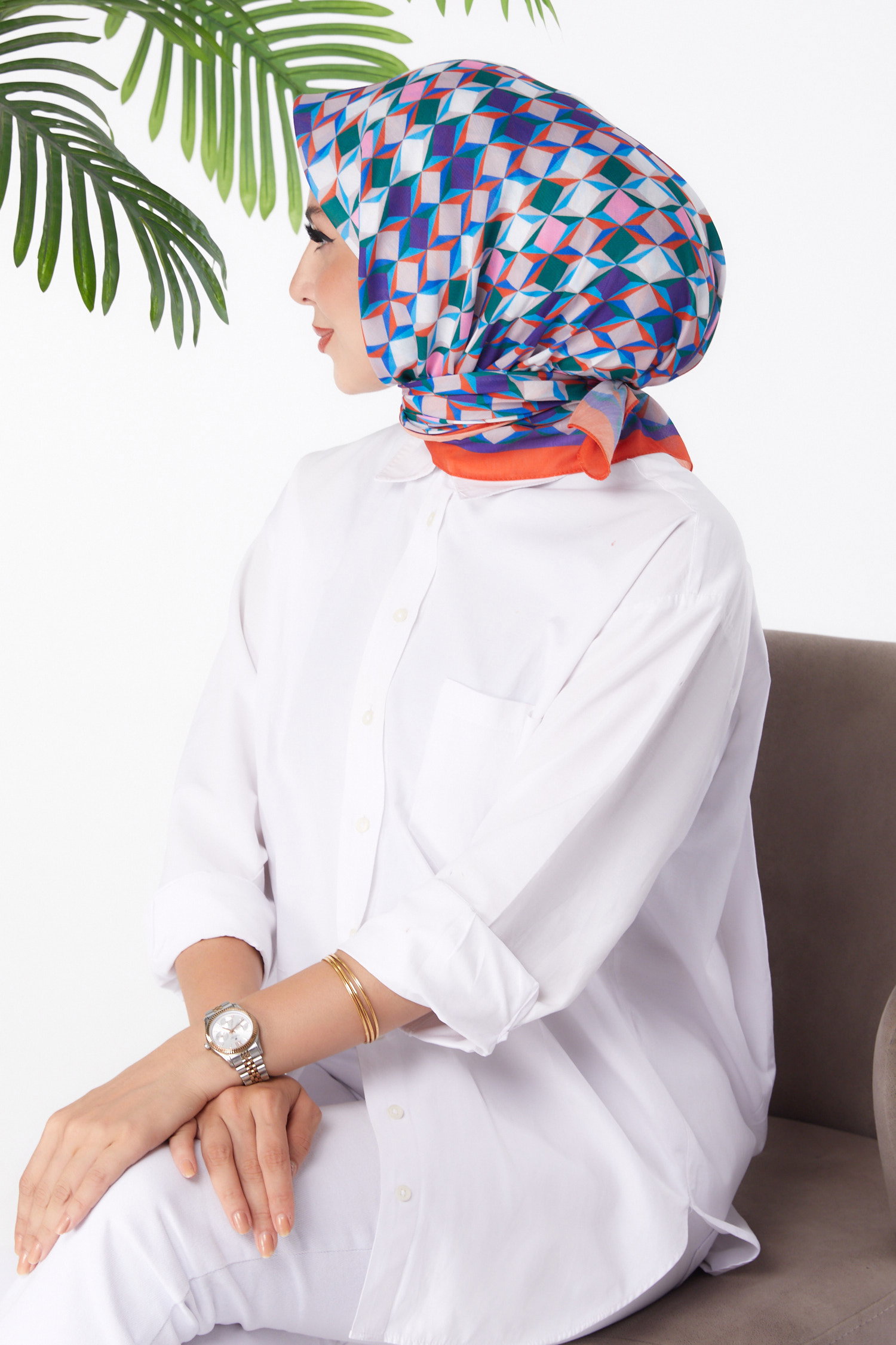 Düz Orta Kadın Saks Desenli Eşarp - 26157 - 3