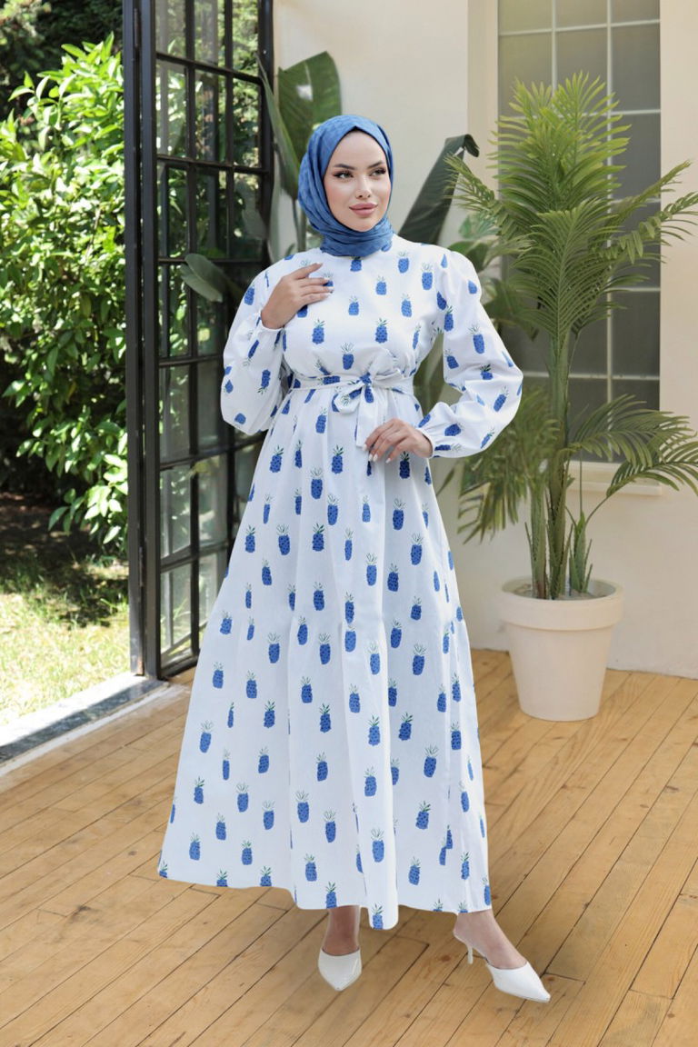 Desenli Kolu Büzgülü Elbise Saks - 26647 - TOFİSA