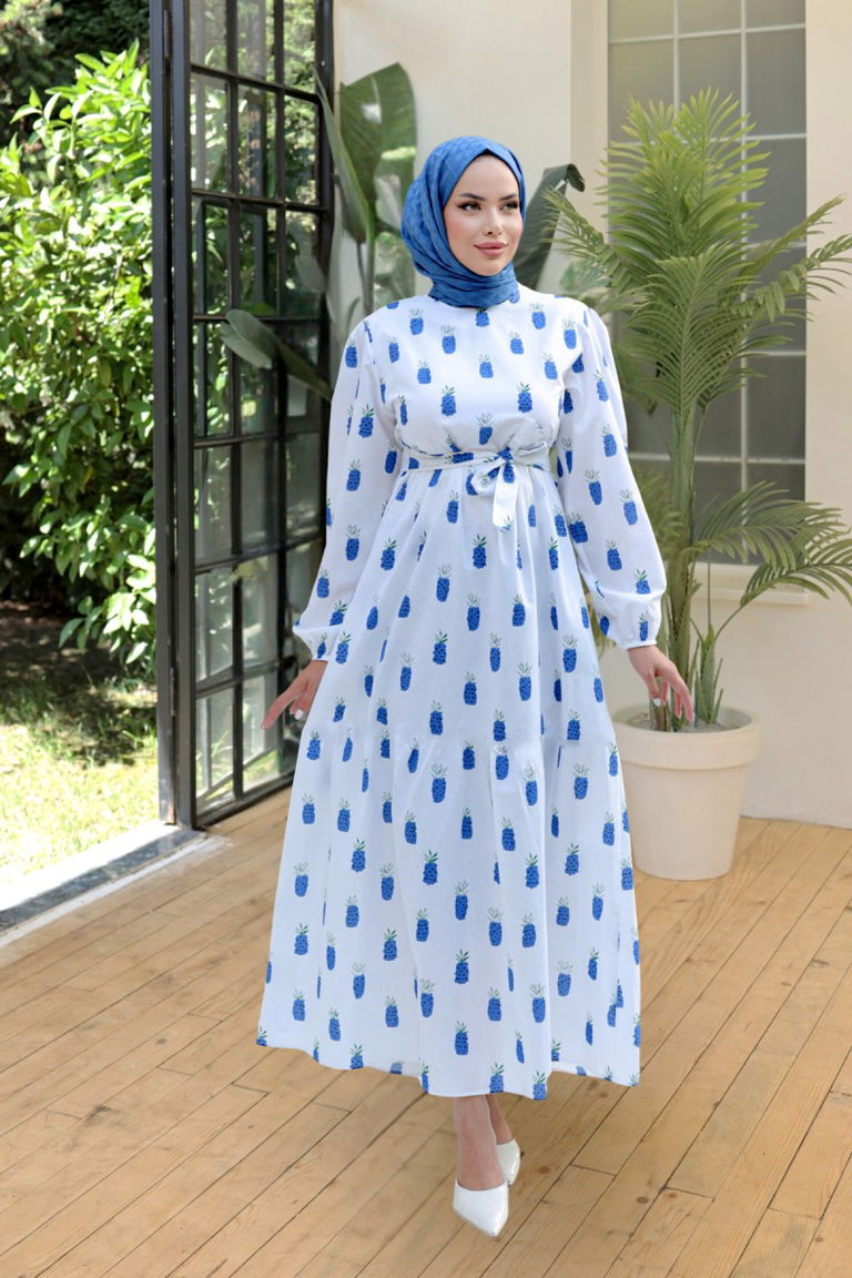 Desenli Kolu Büzgülü Elbise Saks - 26647 - TOFİSA