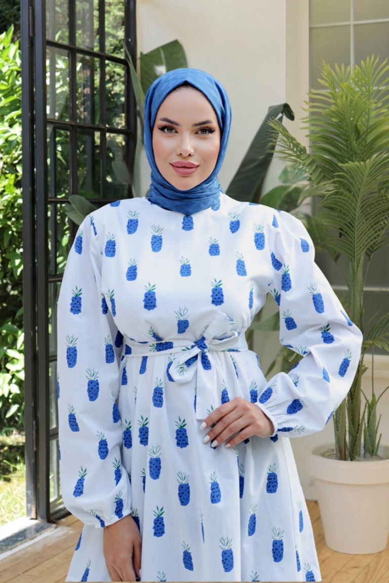 Desenli Kolu Büzgülü Elbise Saks - 26647 - TOFİSA