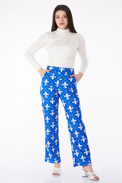 Düz Orta Kadın Saks Desenli Pantolon - 25314 