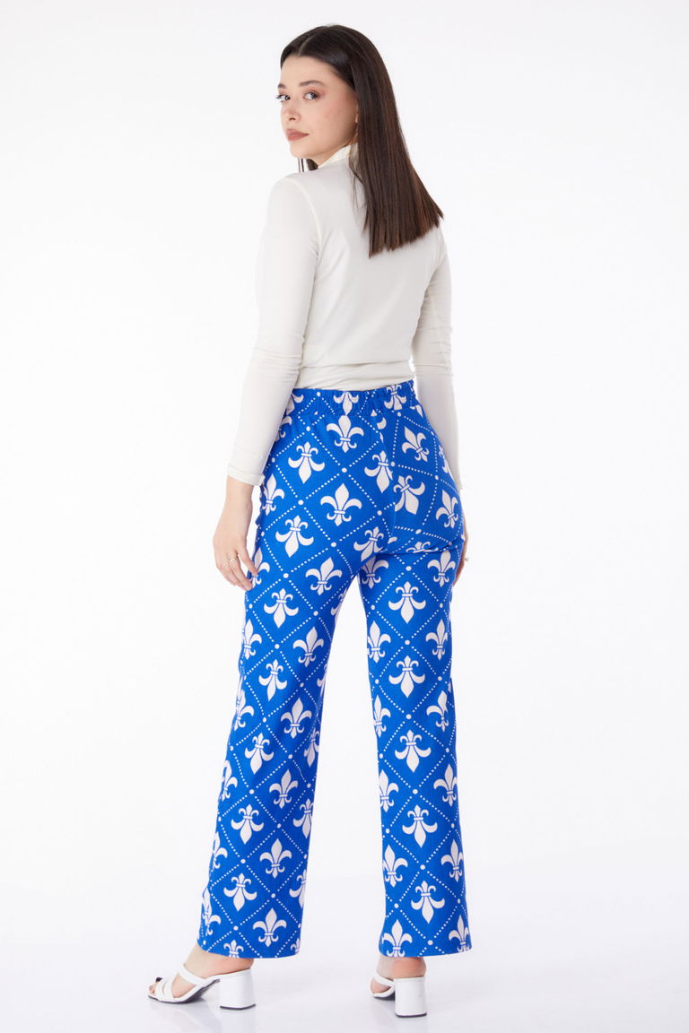 Düz Orta Kadın Saks Desenli Pantolon - 25314 - TOFİSA