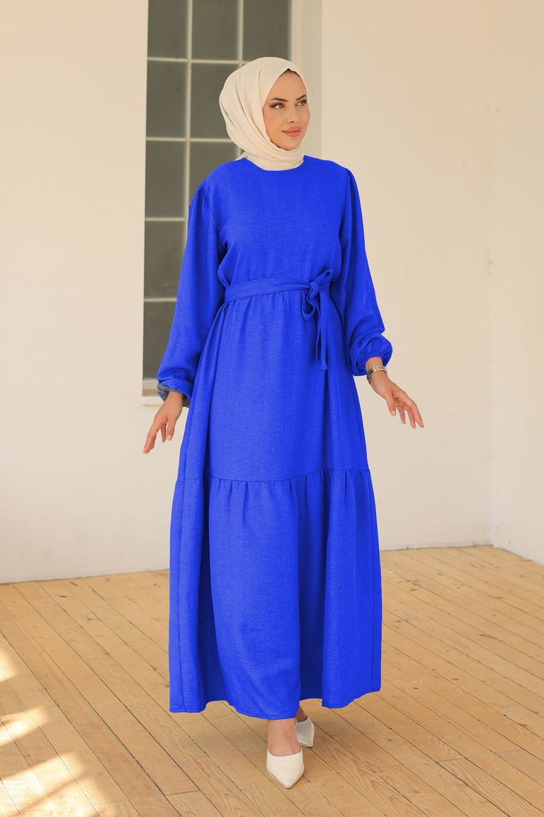 Katlı Elbise Saks - 26624 - TOFİSA