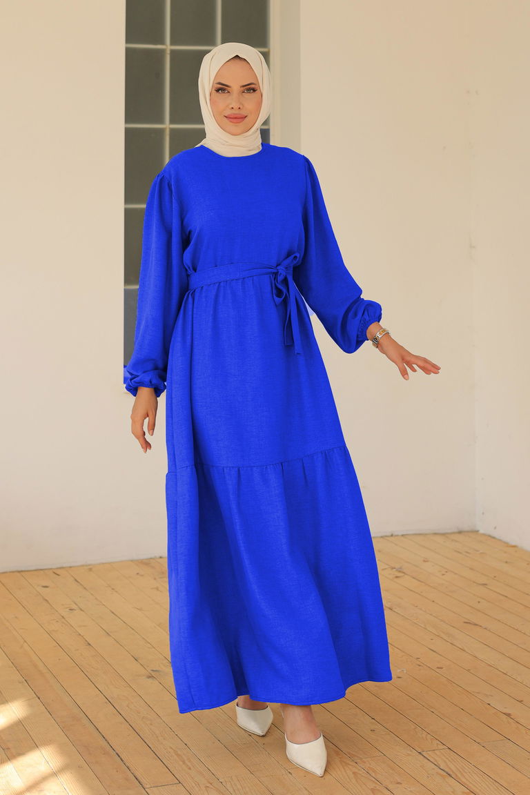 Katlı Elbise Saks - 26624 - TOFİSA