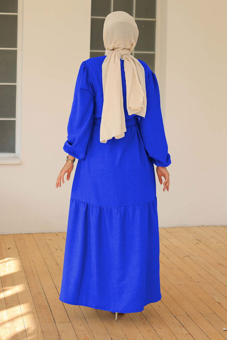 Katlı Elbise Saks - 26624 - TOFİSA