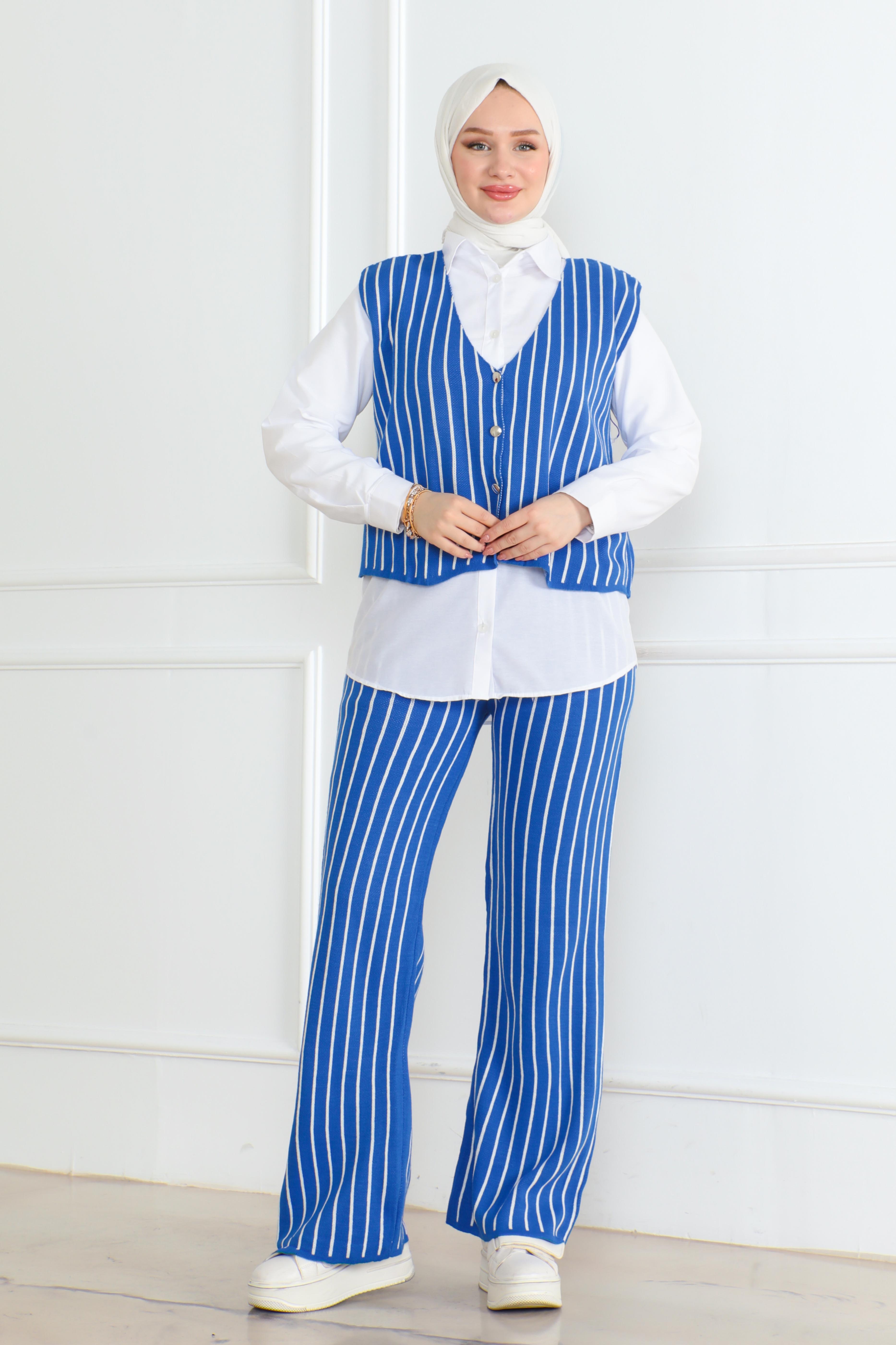 Düz Orta Kadın Saks Üçlü Triko Takım - 26612 - 1