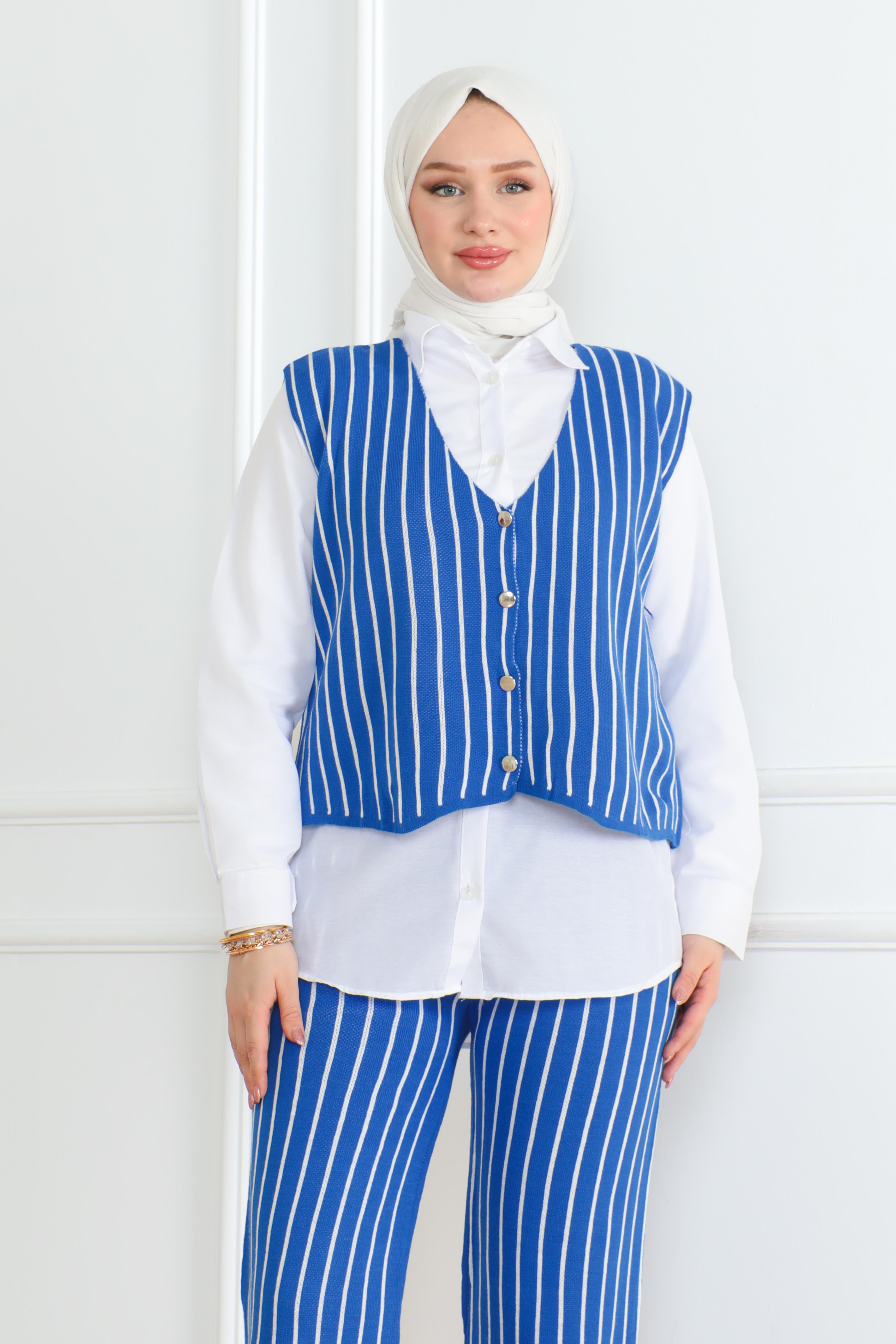 Düz Orta Kadın Saks Üçlü Triko Takım - 26612 - 2