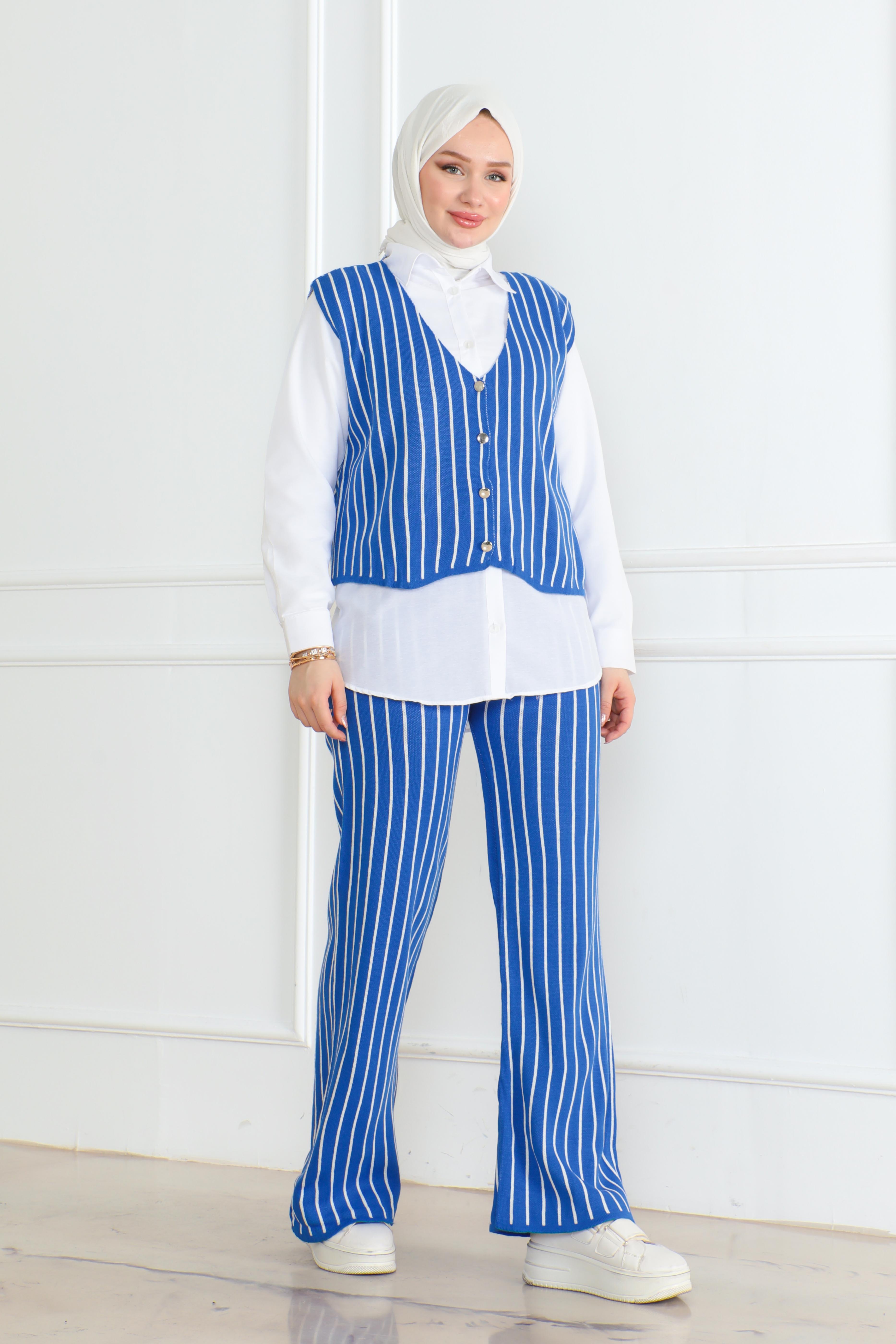 Düz Orta Kadın Saks Üçlü Triko Takım - 26612 - 3