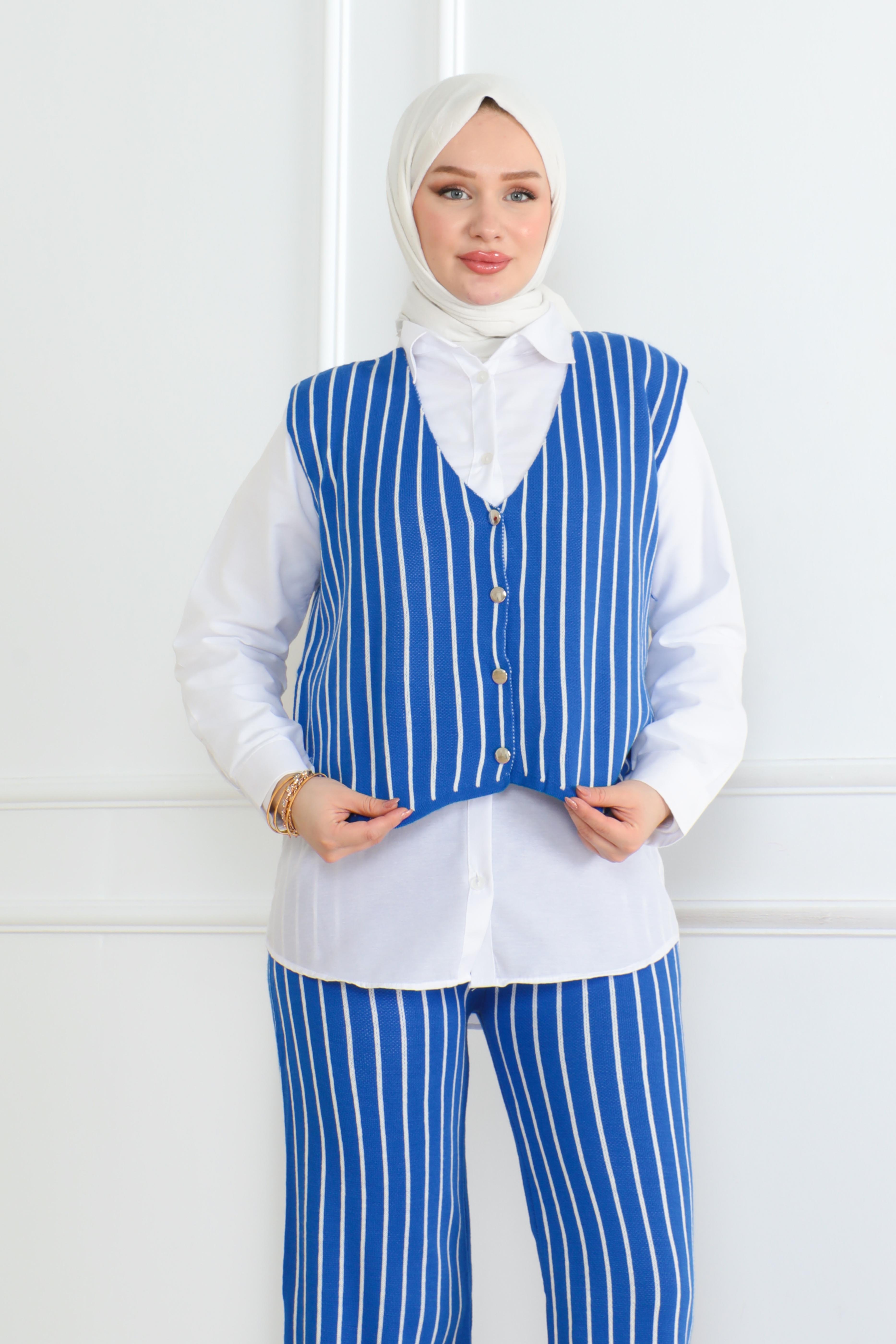 Düz Orta Kadın Saks Üçlü Triko Takım - 26612 - 4