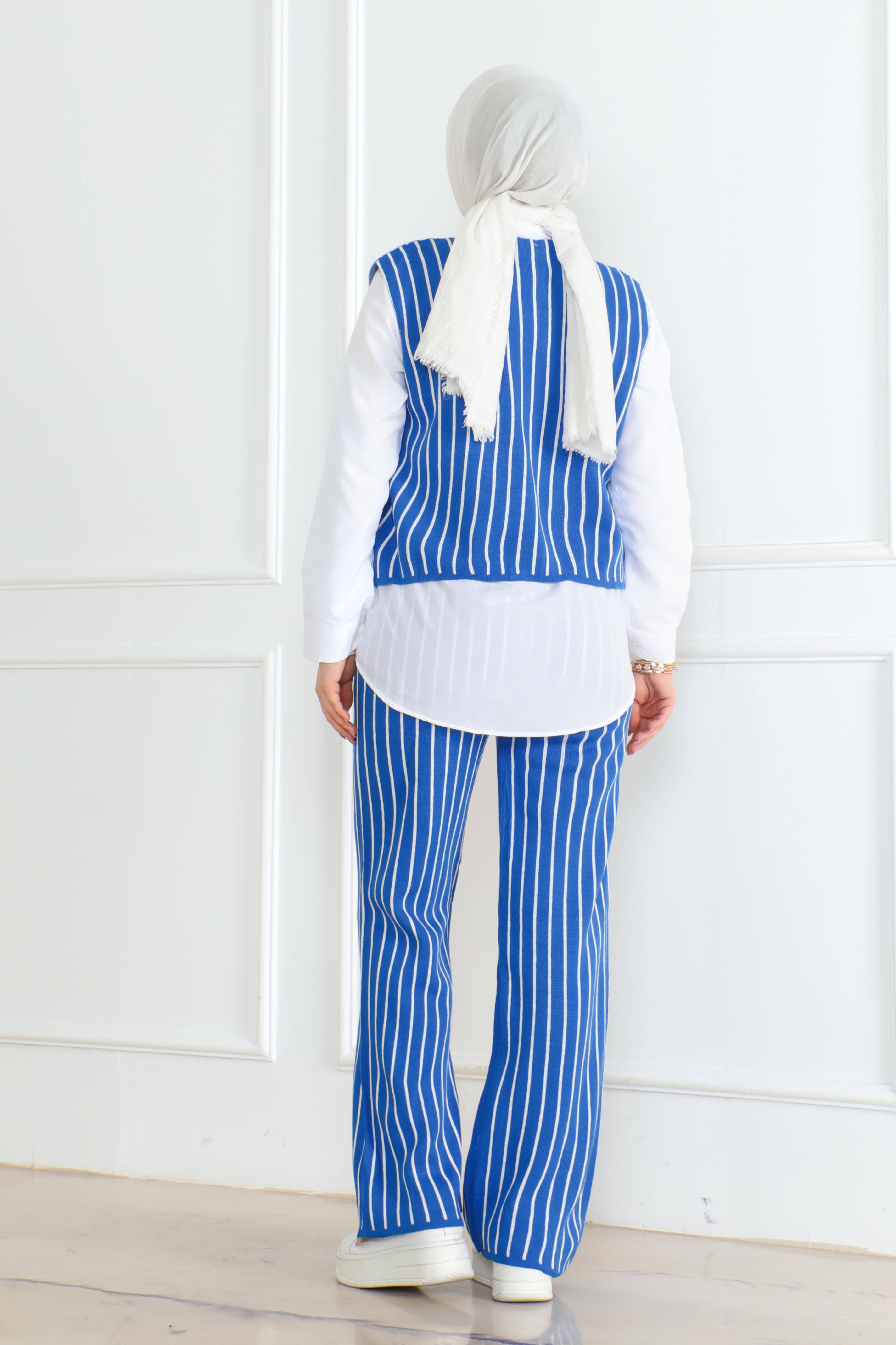 Düz Orta Kadın Saks Üçlü Triko Takım - 26612 - 5