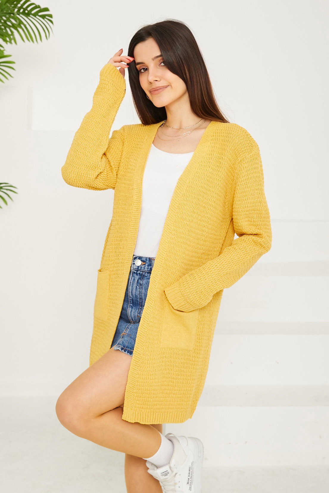 Düz Orta Kadın Sari Triko Hırka - 26694 - 3