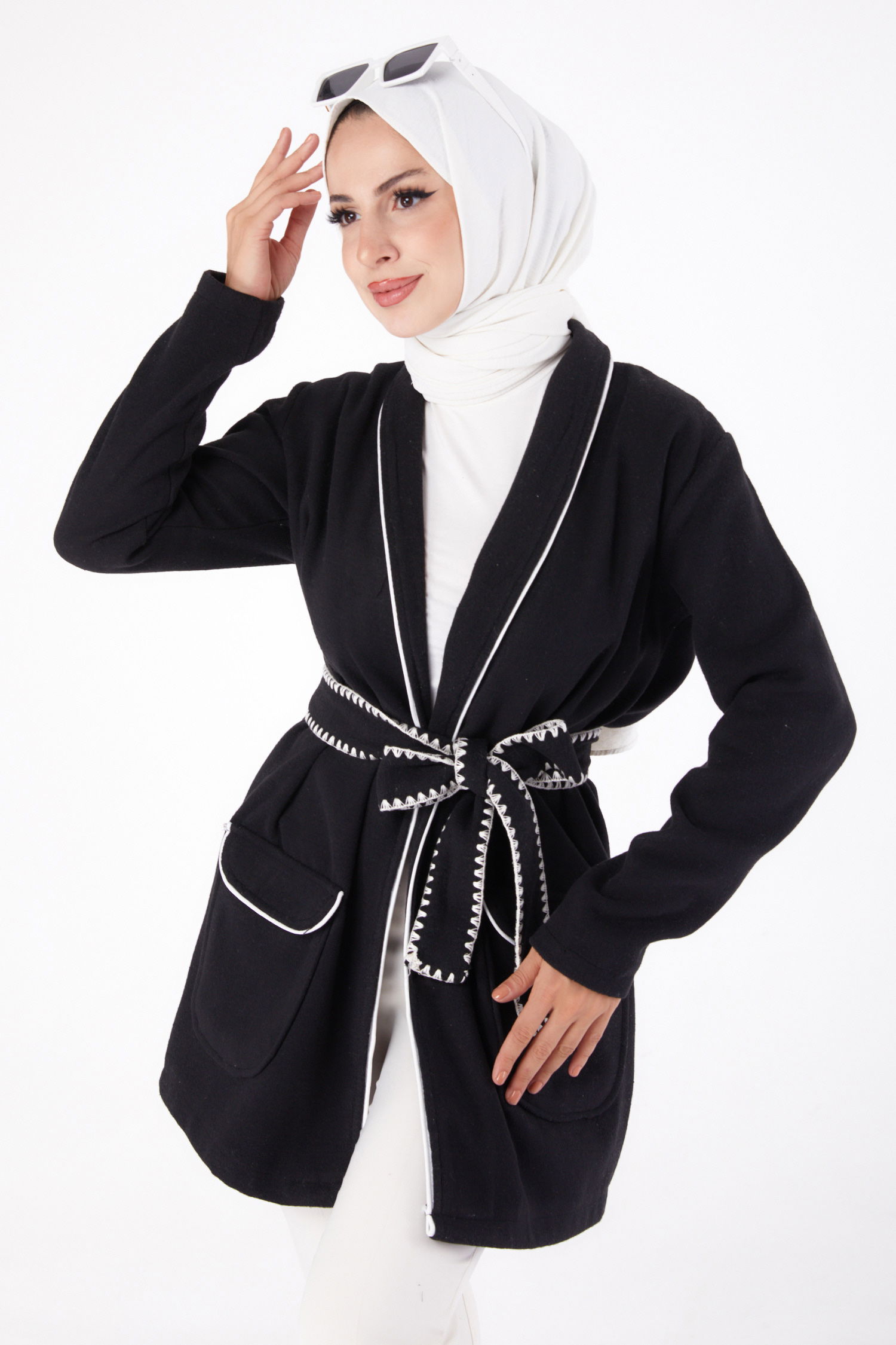 Ara biye Detaylı Kaşe Kaban Siyah - 13283 - 1