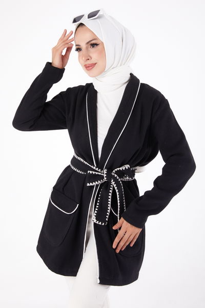 Ara biye Detaylı Kaşe Kaban Siyah - 13283 
