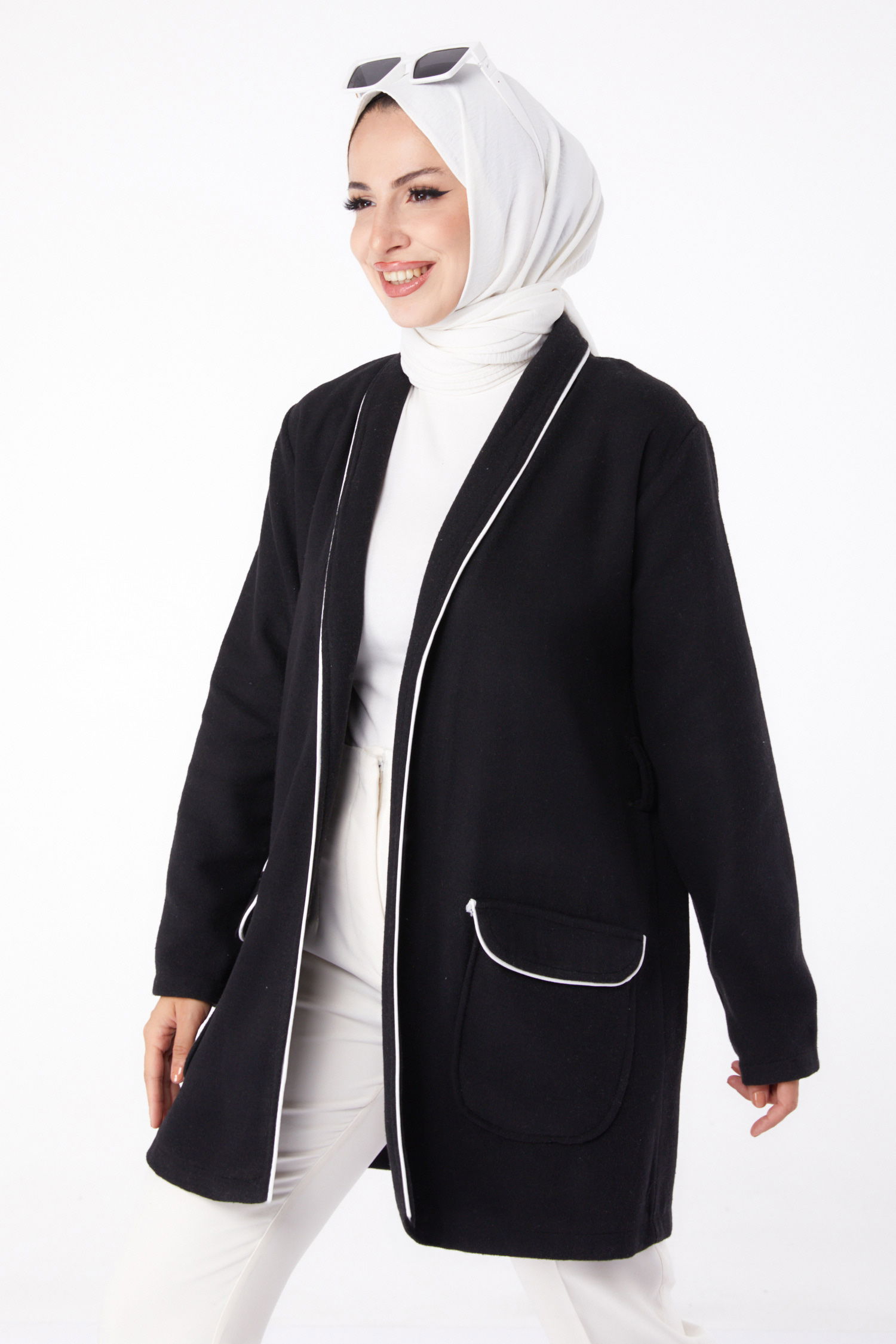Ara biye Detaylı Kaşe Kaban Siyah - 13283 - 2