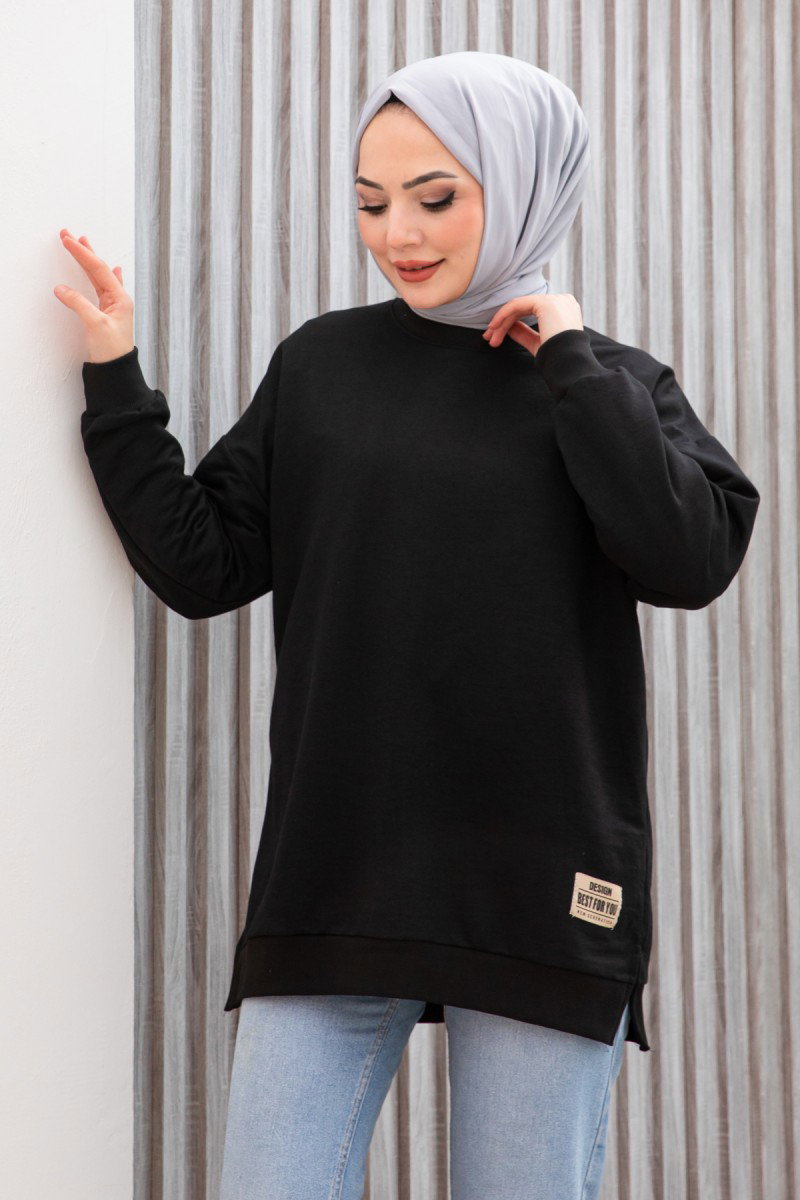 Düz Orta Kadın Siyah Armalı Sweat - 26585 - 3