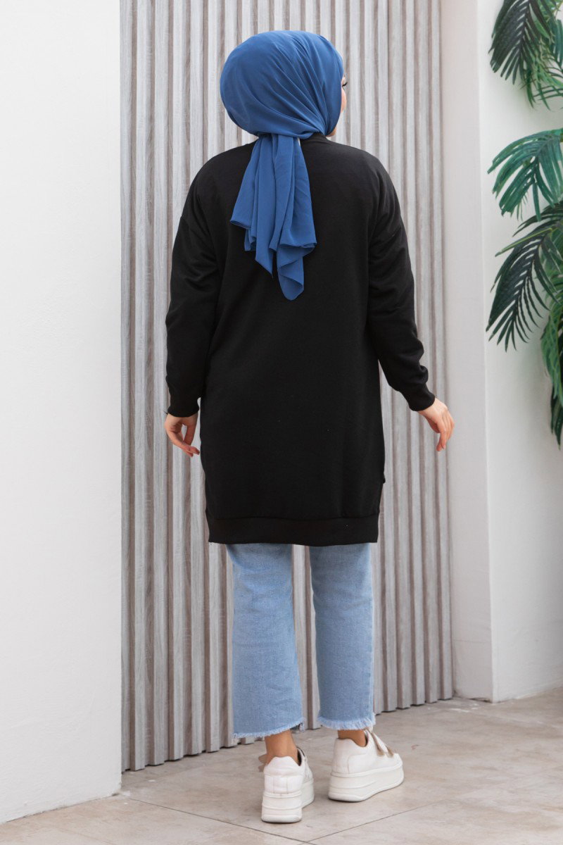 Düz Orta Kadın Siyah Armalı Tunik - 26568 - 5