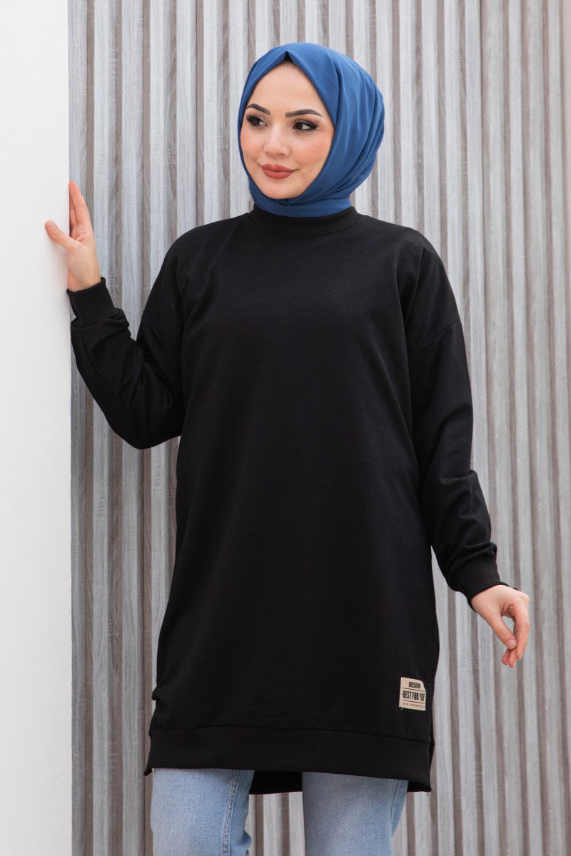 Düz Orta Kadın Siyah Armalı Tunik - 26568 - 1