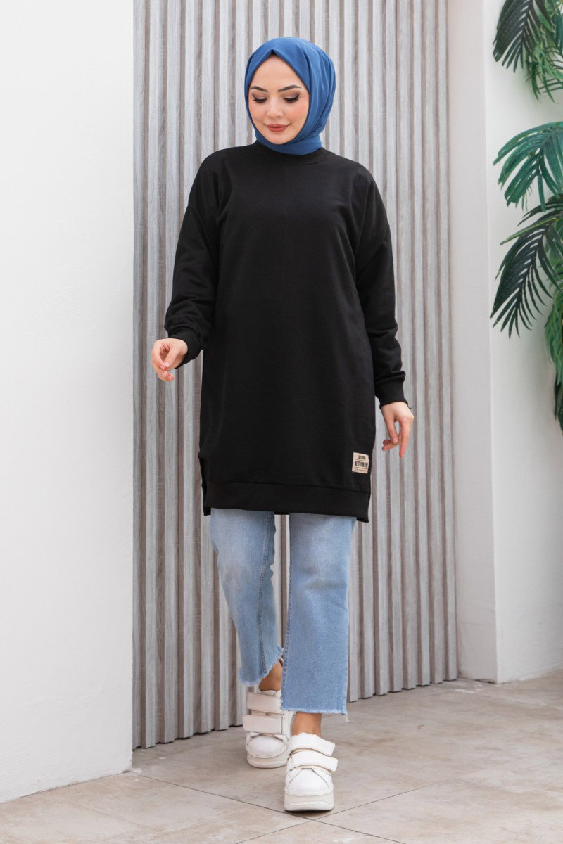 Düz Orta Kadın Siyah Armalı Tunik - 26568 - 4