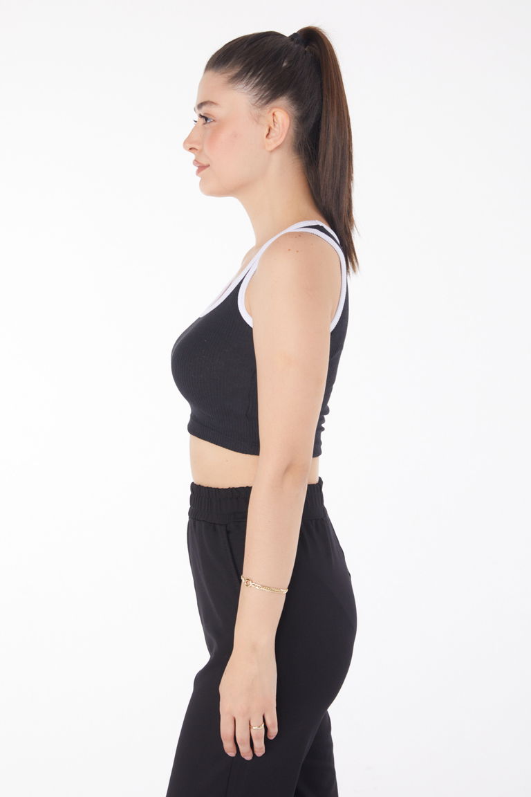 Düz Orta Kadın Siyah Askılı Crop - 25851 - TOFİSA