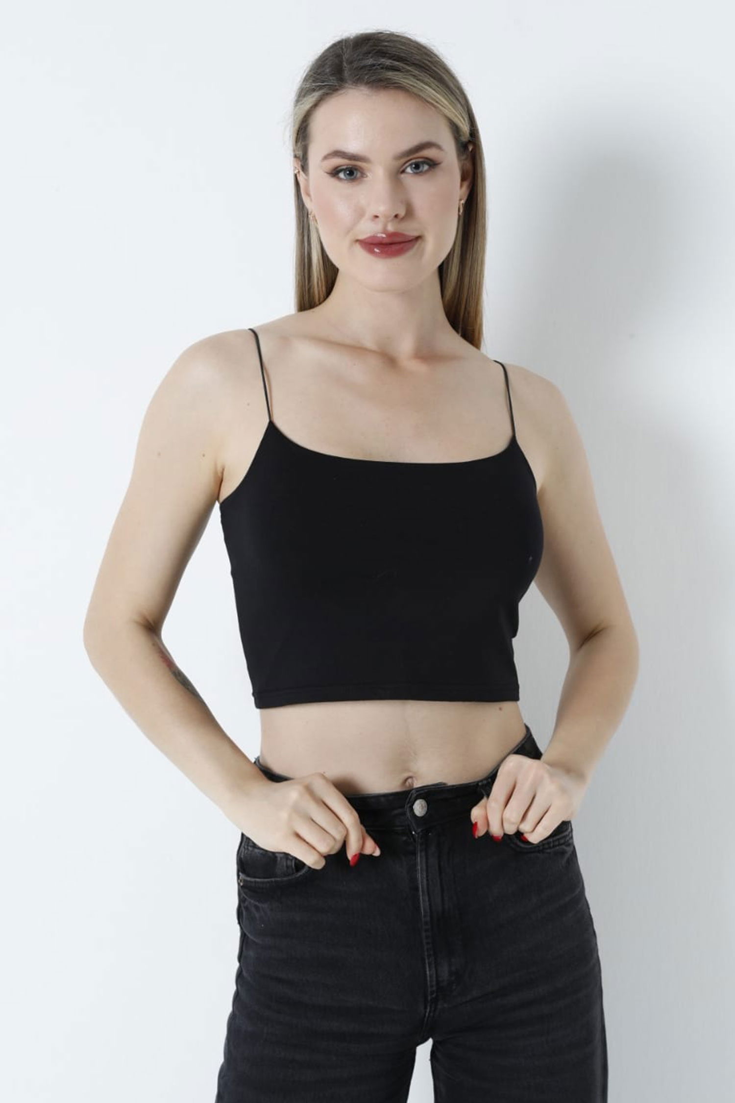 Düz Orta Kadın Siyah Atlet Crop - 26344 - 1
