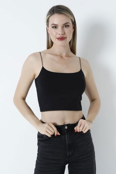 Düz Orta Kadın Siyah Atlet Crop - 26344 