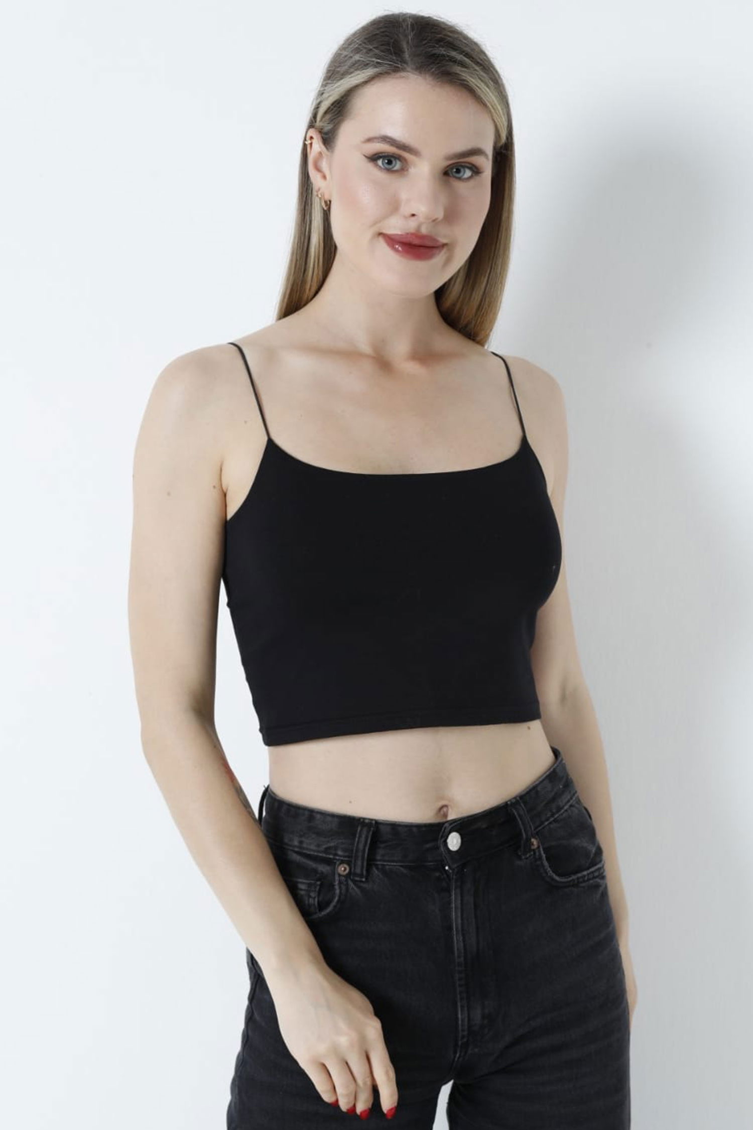 Düz Orta Kadın Siyah Atlet Crop - 26344 - 2