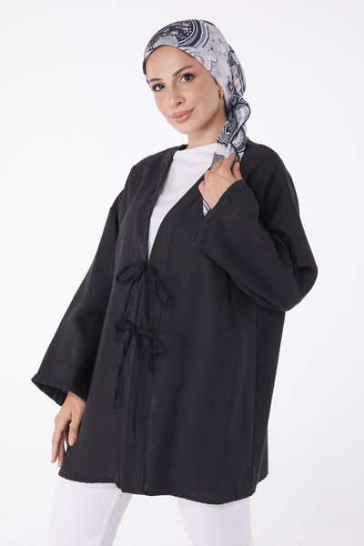 Düz Orta Kadın Siyah Bağcıklı Kimono - 26141 