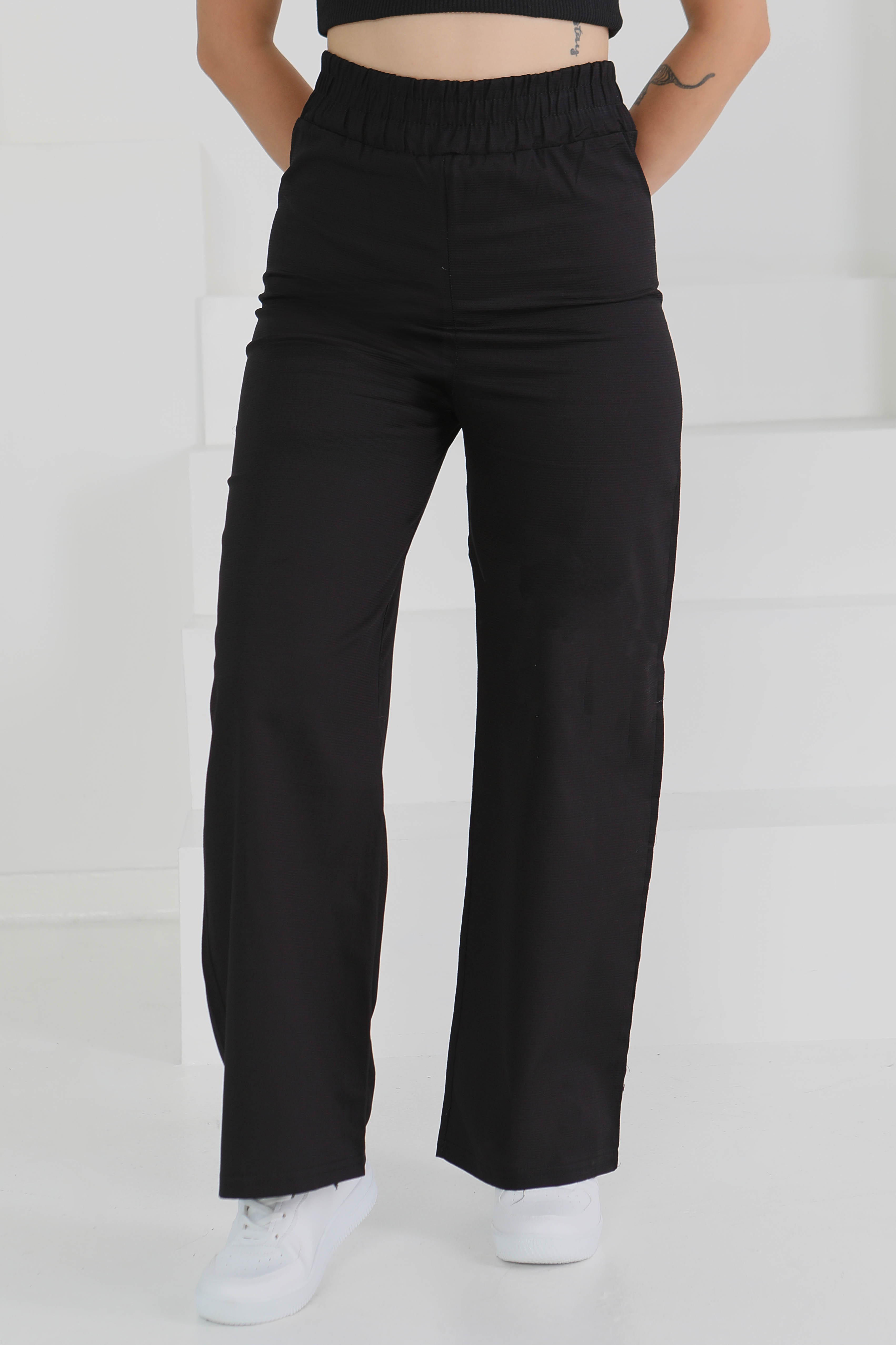 Beli Lastikli Kumaş Pantolon Siyah - 25645 - 3