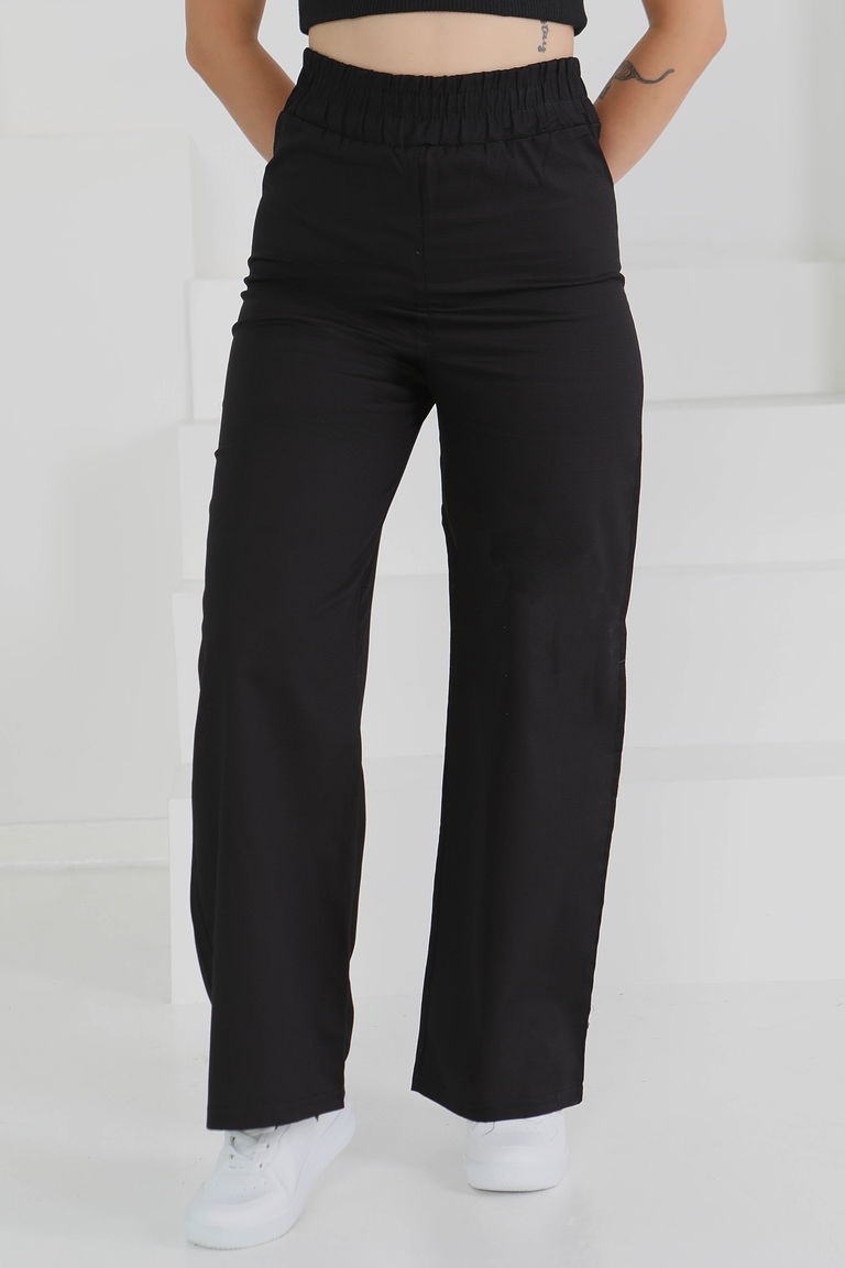 Beli Lastikli Kumaş Pantolon Siyah - 25645 - TOFİSA