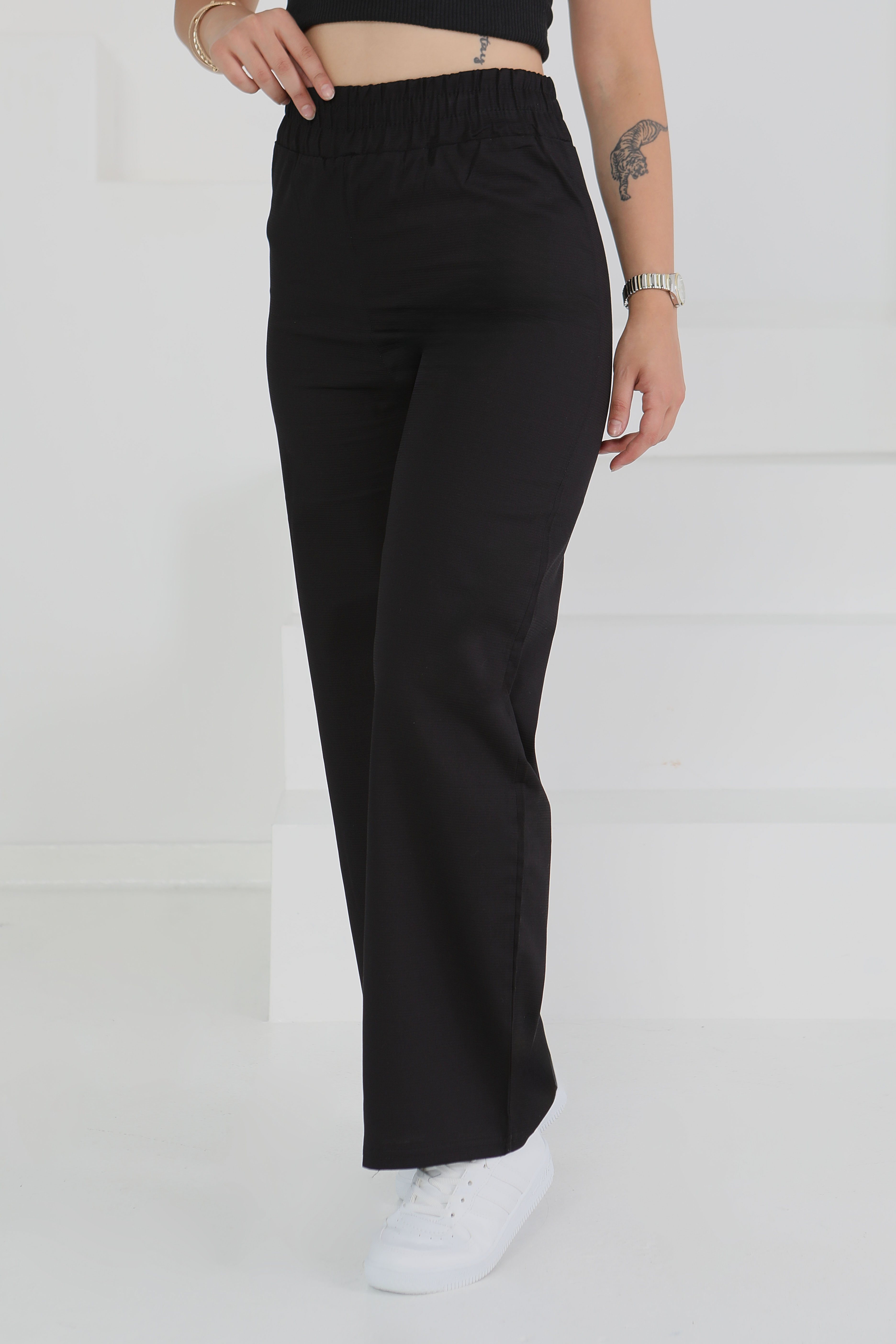 Beli Lastikli Kumaş Pantolon Siyah - 25645 - 2