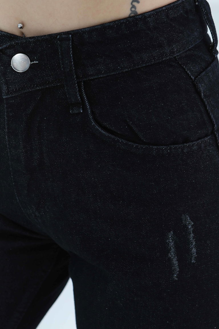 Düz Orta Kadın Siyah Bol Paça Kot Pantolon - 25181 - TOFİSA