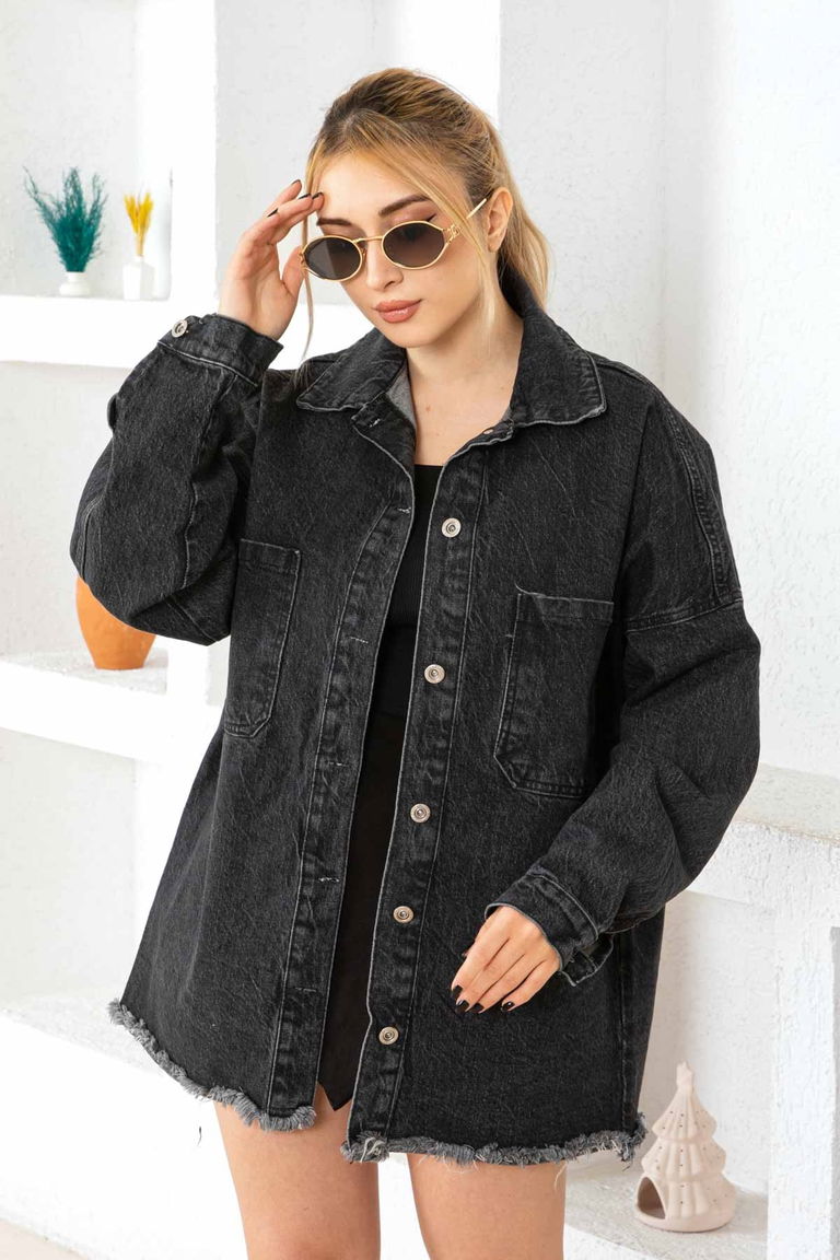 Düz Orta Kadın Siyah Cepli Kot Ceket - 26576 - TOFİSA