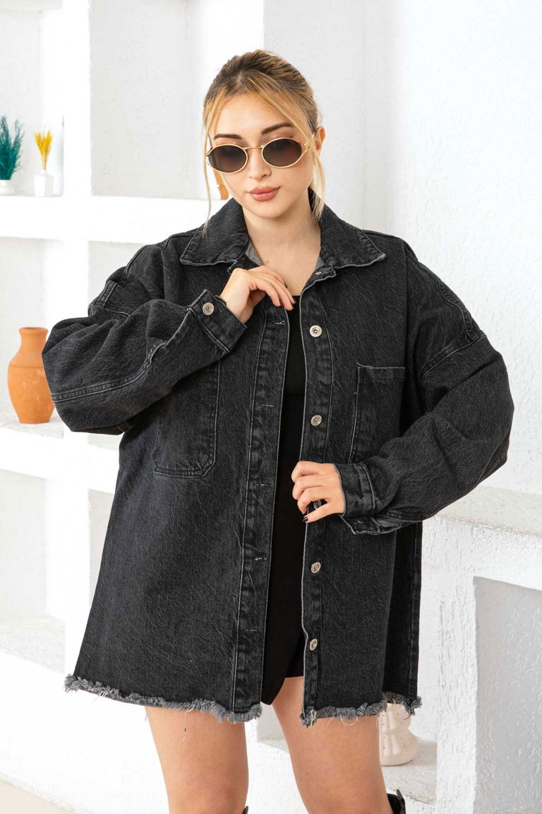 Düz Orta Kadın Siyah Cepli Kot Ceket - 26576 - TOFİSA