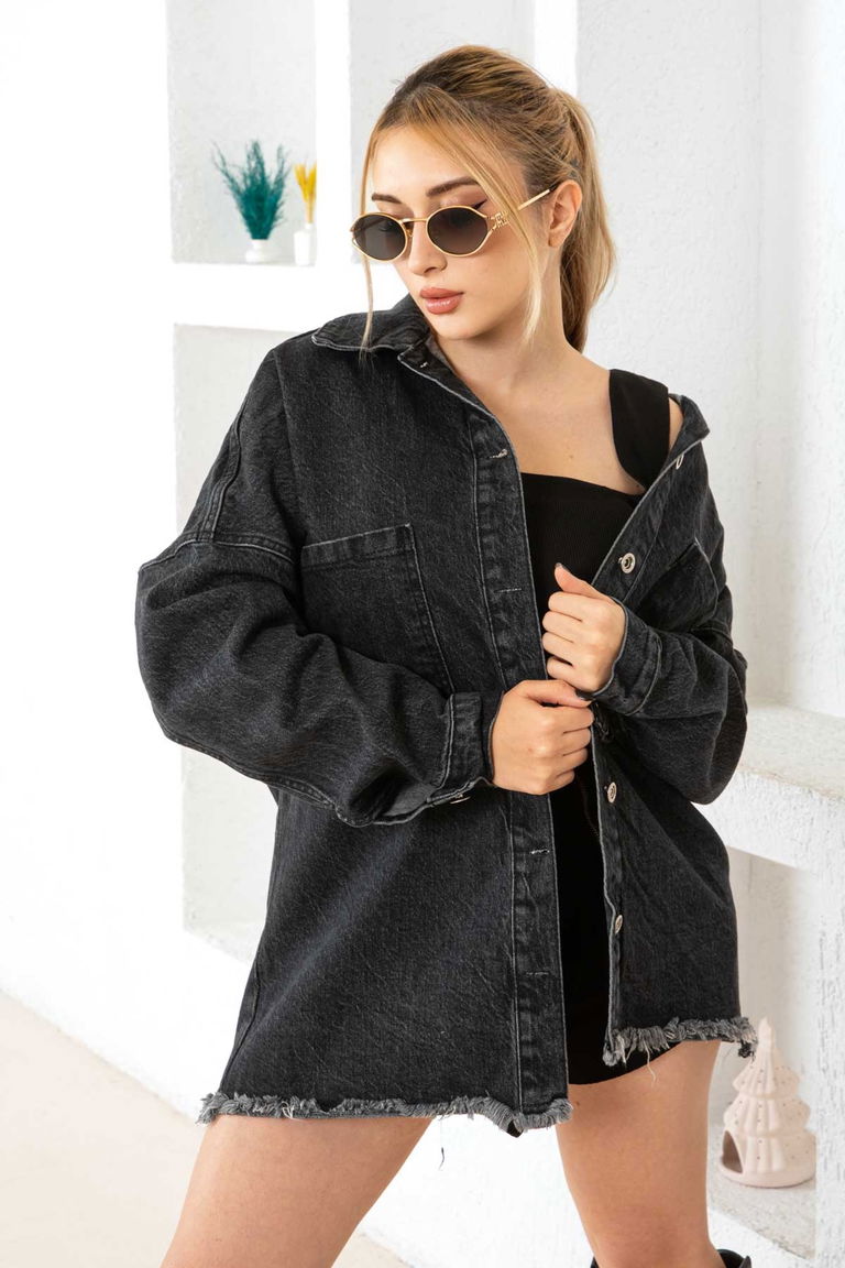 Düz Orta Kadın Siyah Cepli Kot Ceket - 26576 - TOFİSA