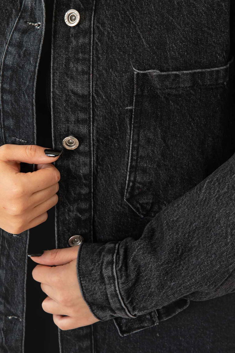 Düz Orta Kadın Siyah Cepli Kot Ceket - 26576 - TOFİSA