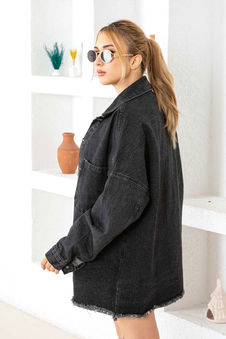 Düz Orta Kadın Siyah Cepli Kot Ceket - 26576 - TOFİSA