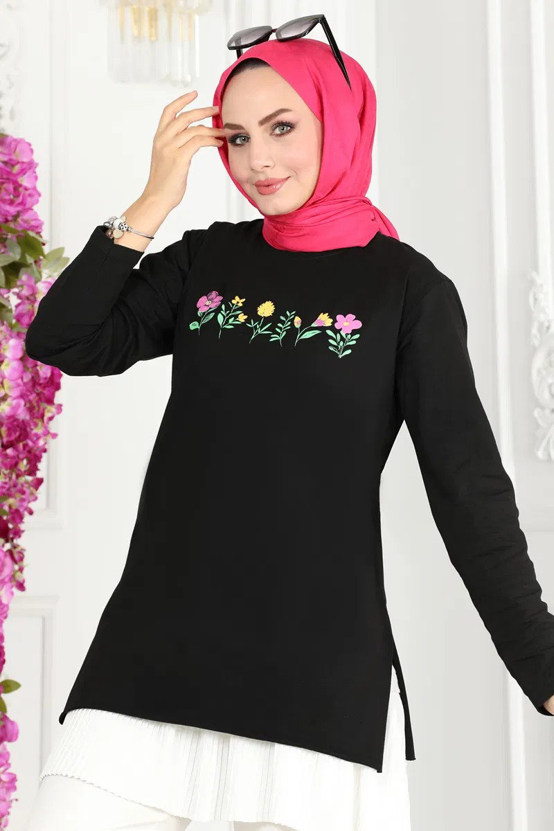Kadın Bisiklet Yaka Çiçek Baskılı Tunik Siyah - 26628 - 1
