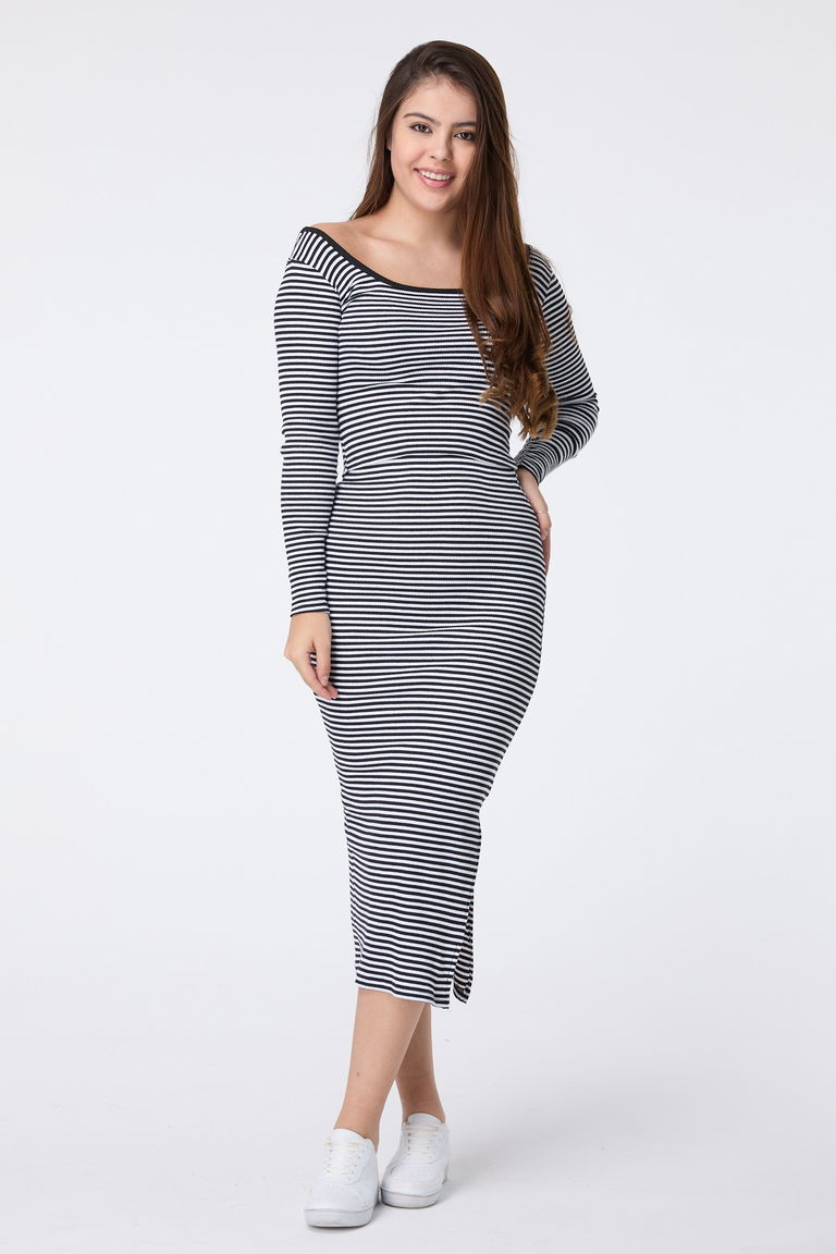 Düz Orta Kadın Siyah Çizgili Uzun Kollu Kaşkorse Takım - 25276 - TOFİSA