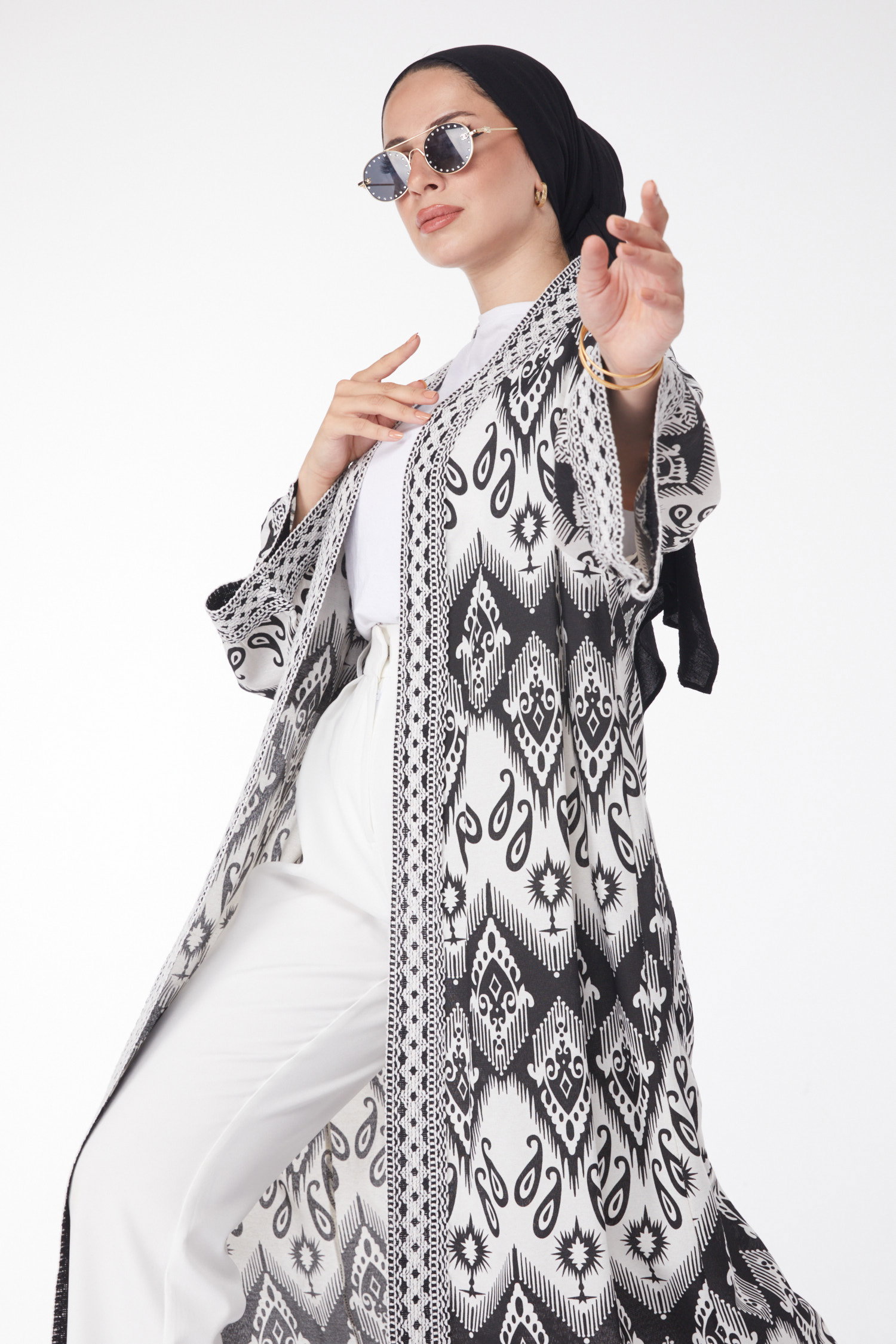 Düz Orta Kadın Siyah Desenli Kimono - 13231 - 1