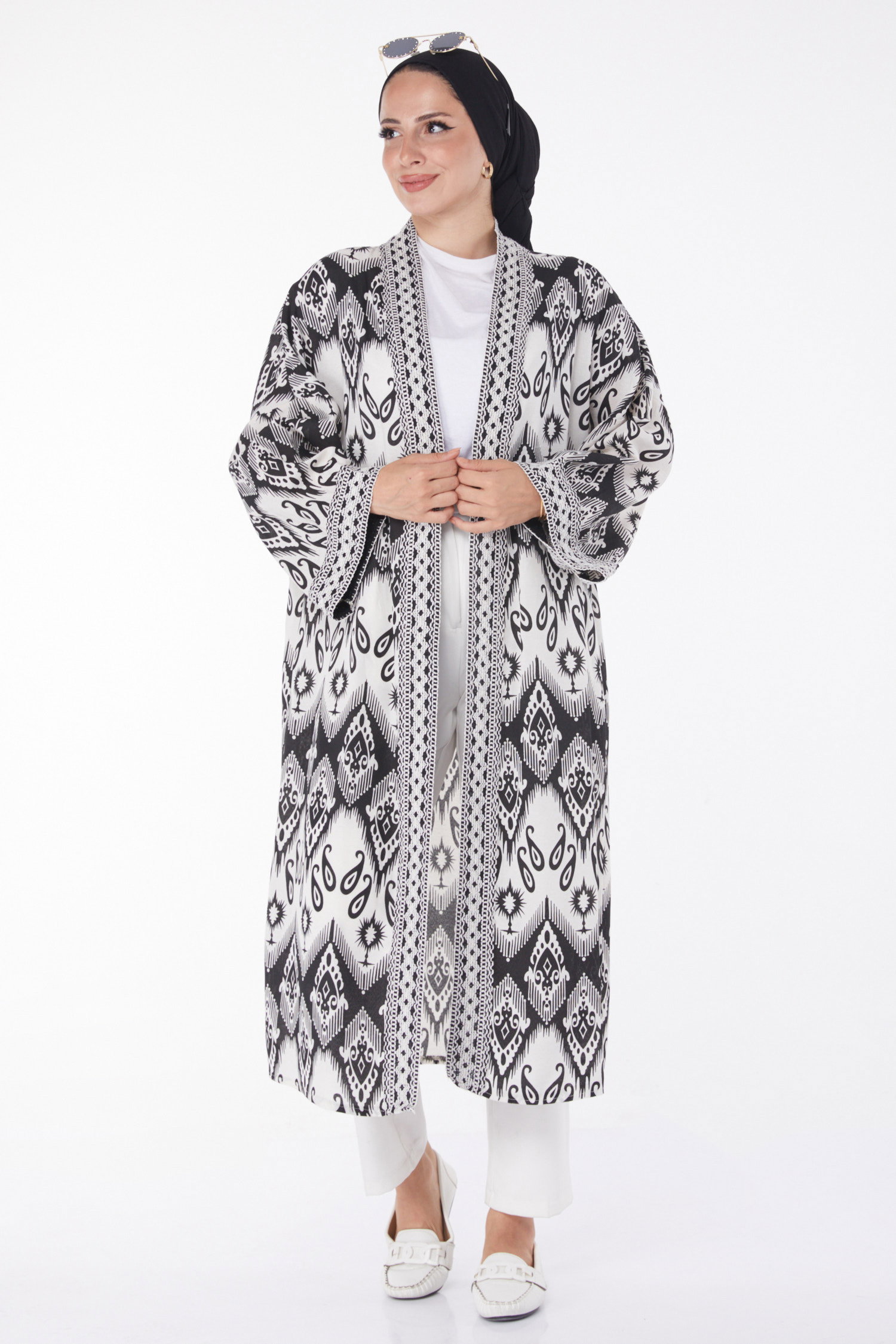 Düz Orta Kadın Siyah Desenli Kimono - 13231 - 2