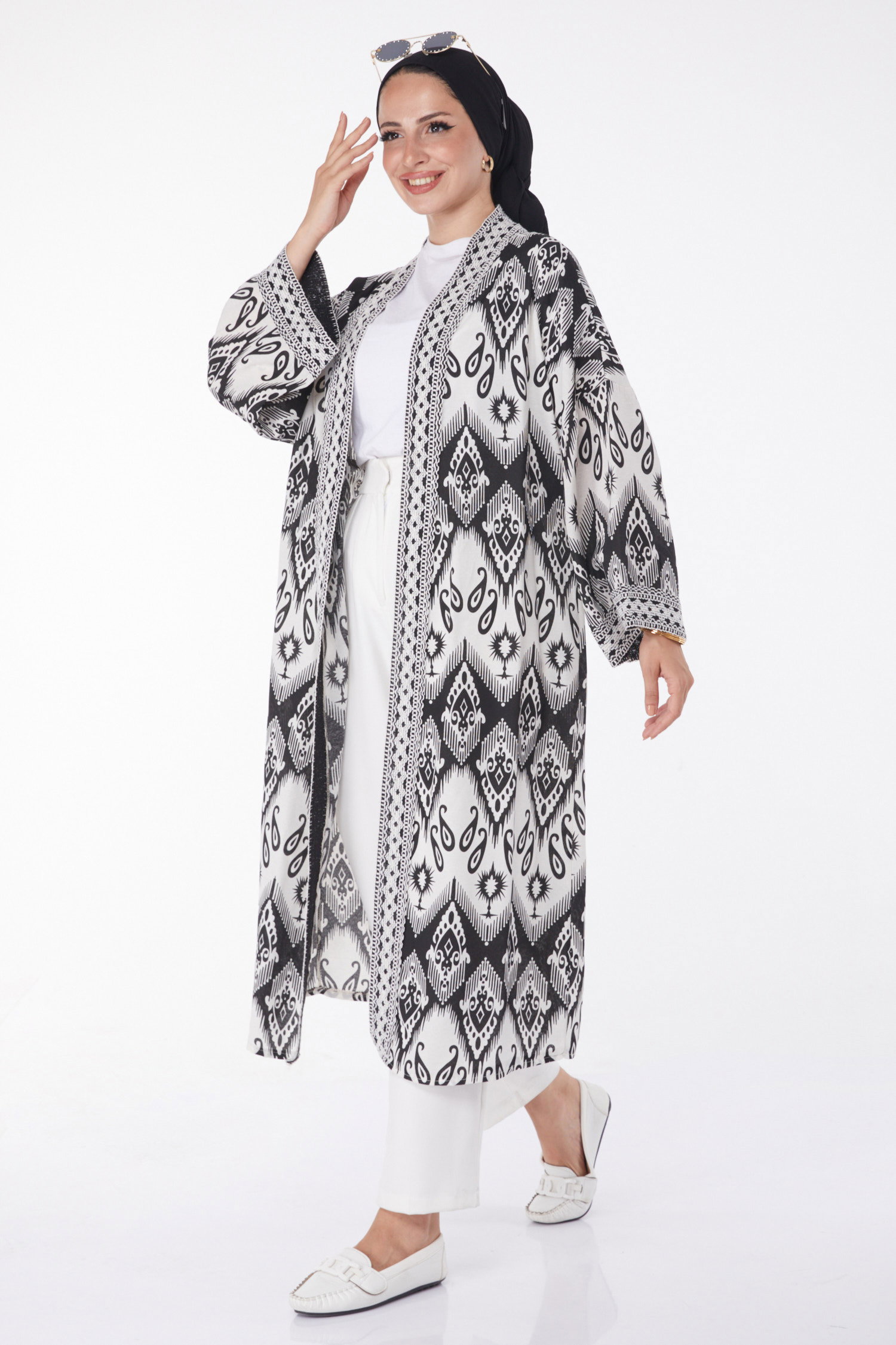 Düz Orta Kadın Siyah Desenli Kimono - 13231 - 3