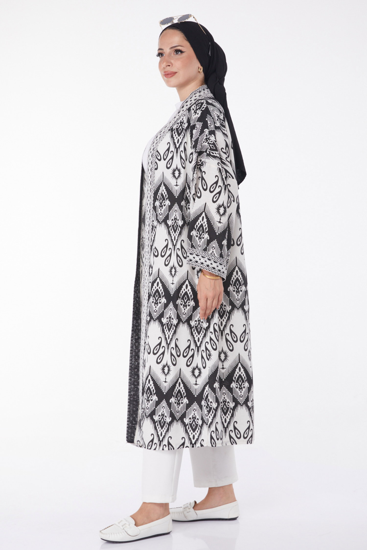 Düz Orta Kadın Siyah Desenli Kimono - 13231 - 4