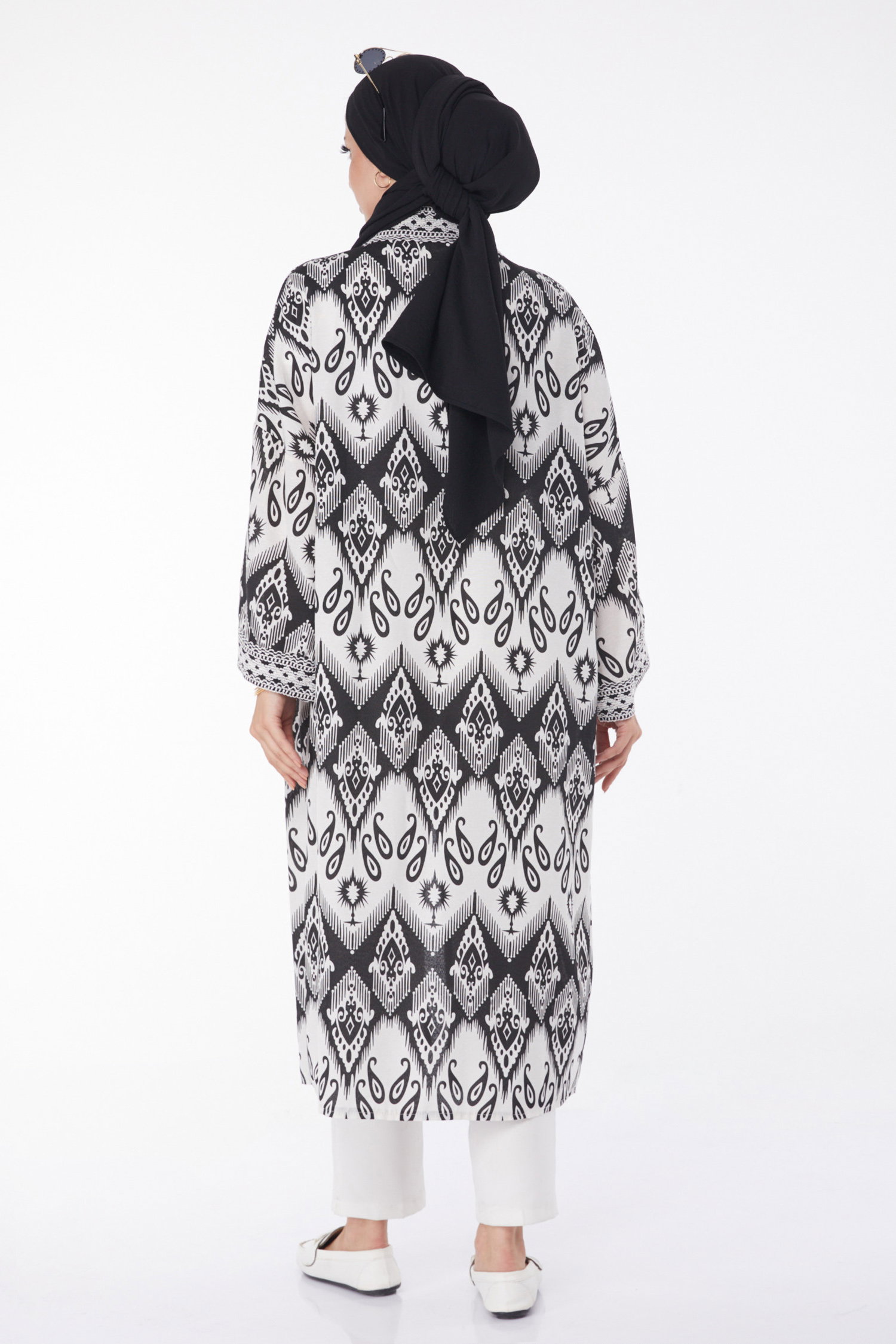 Düz Orta Kadın Siyah Desenli Kimono - 13231 - 5